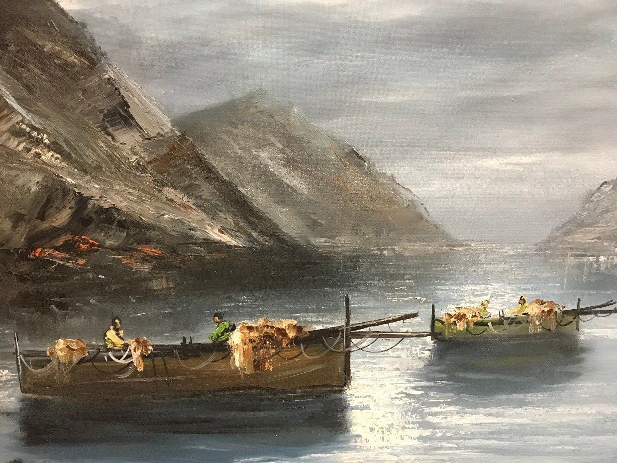 Artist Signed Original Acrylic Painting of Fishermen Boats + Misty Seascape 2