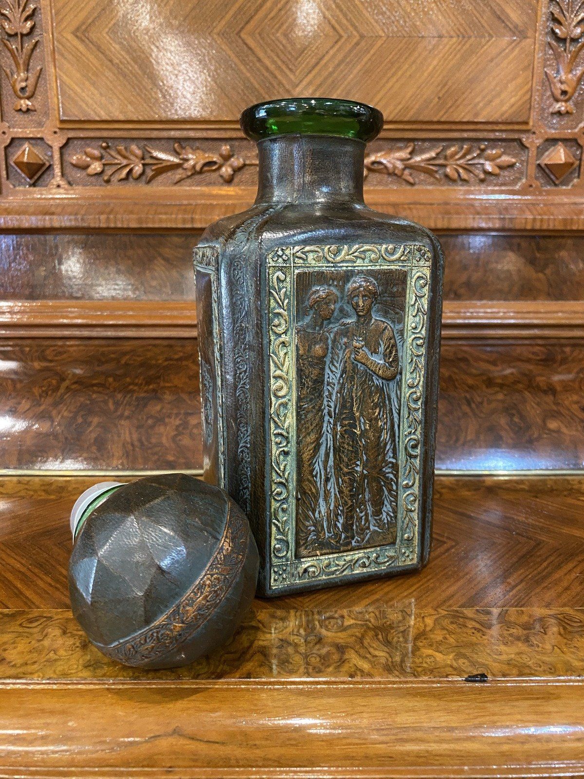 Vintage Mid Century FLORENCE, Italy Figural Leather + Green Glass Bar Decanter (DO NO DISCOUNT)
