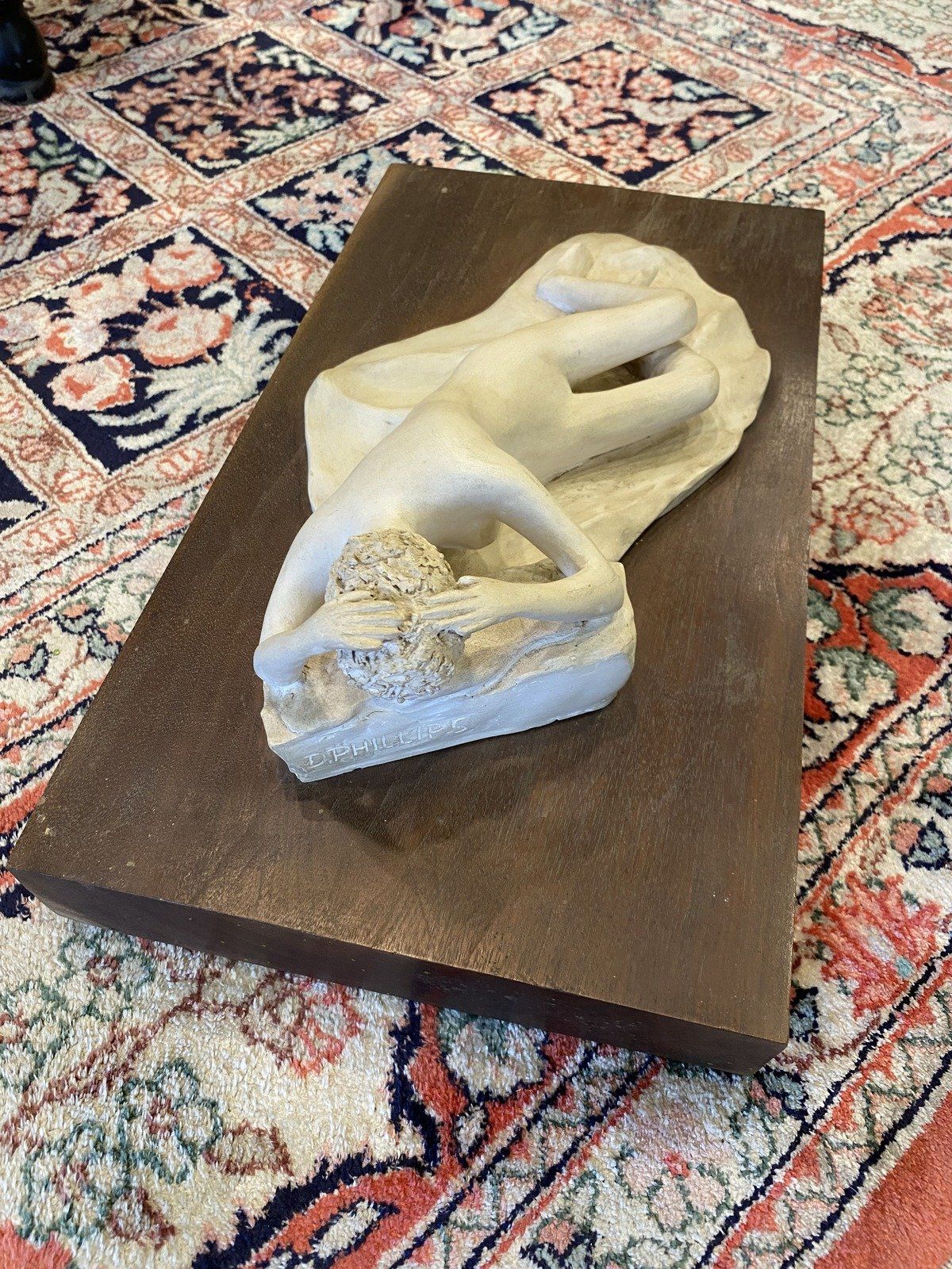 Signed Plaster Sculpture of Lying Figure w Wood Block Base D.PHILLIPS 2
