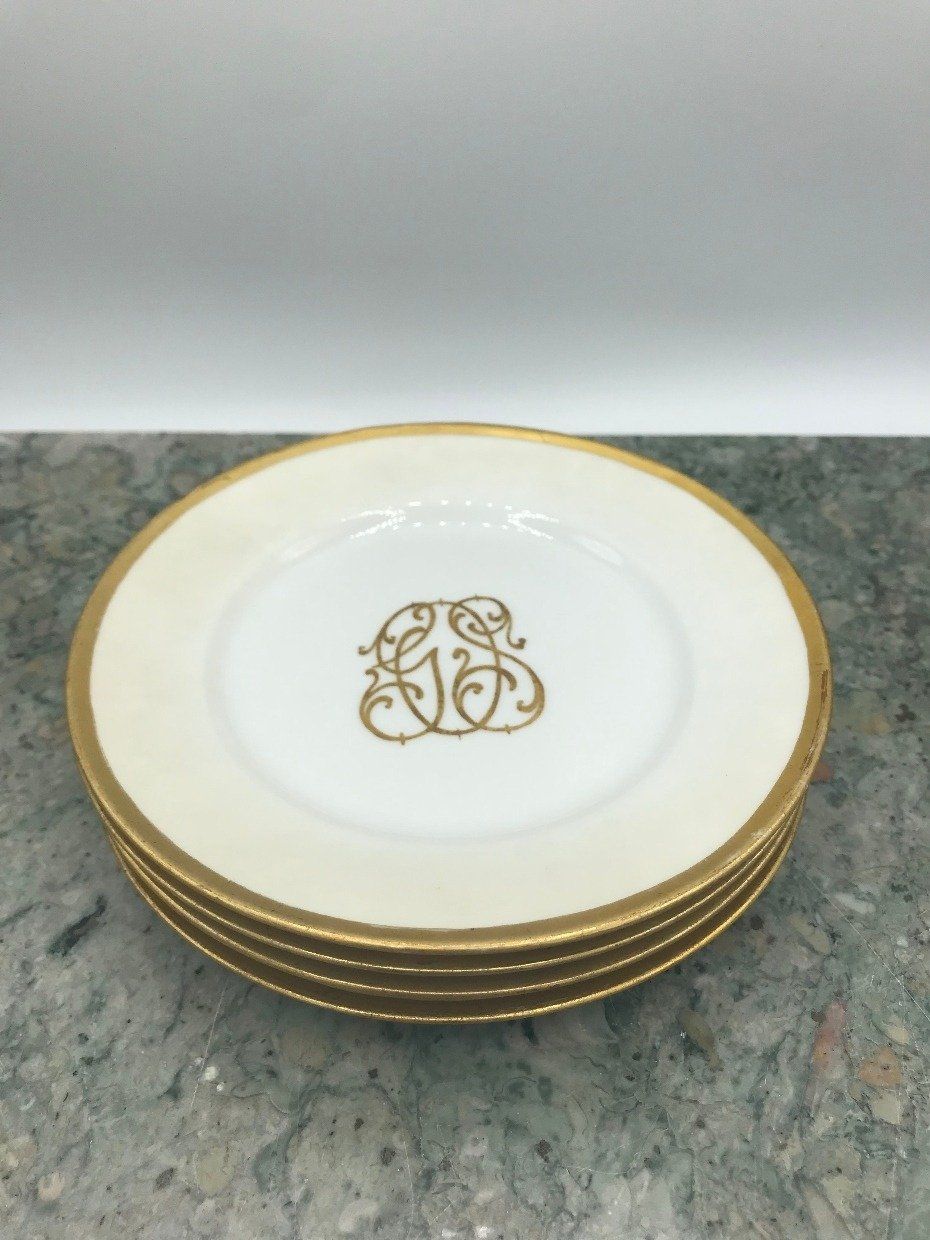 4pc Regal Atq. Limoges Bone + Gold Rim China Dessert Plates w Old English Scripted Monogram