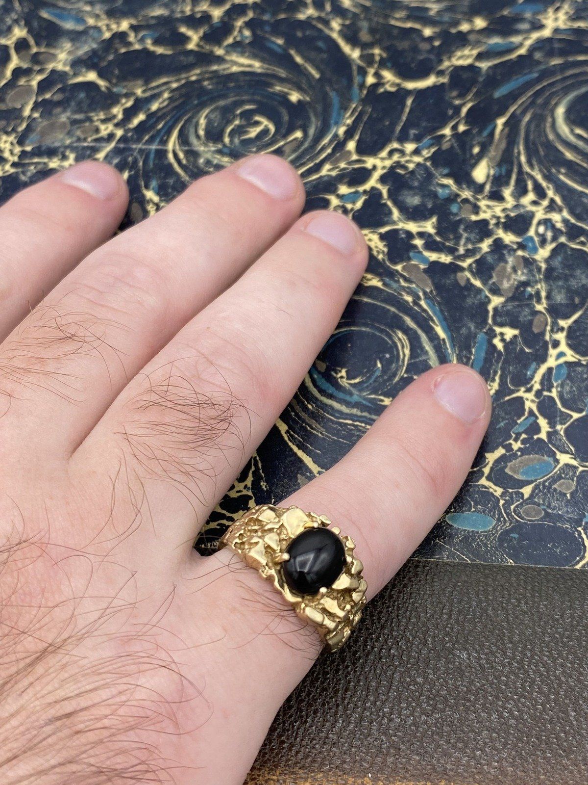 Men's 10k Gold Freeform Gold Nugget Ring w Black Onyx Cut Cabochon #2480 7