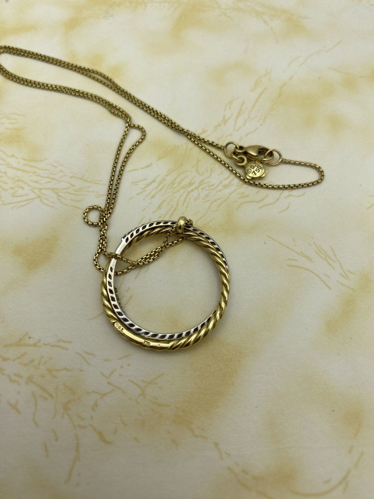 David Yurman 18k Solid Gold Cable Twist + Pave Diamond Interlocking Ringed 17L Necklace 6