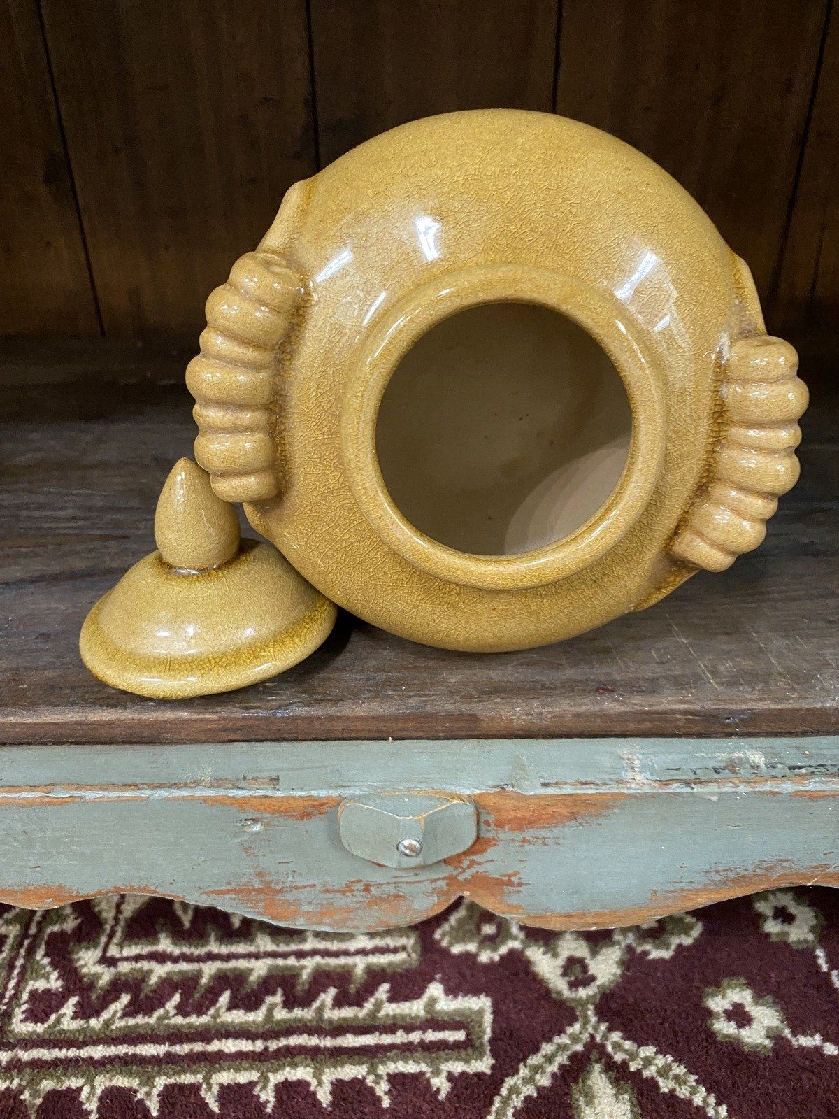 Vintage Crazed Tawny Brown Ceramic North Wind Face Ginger Jar 4