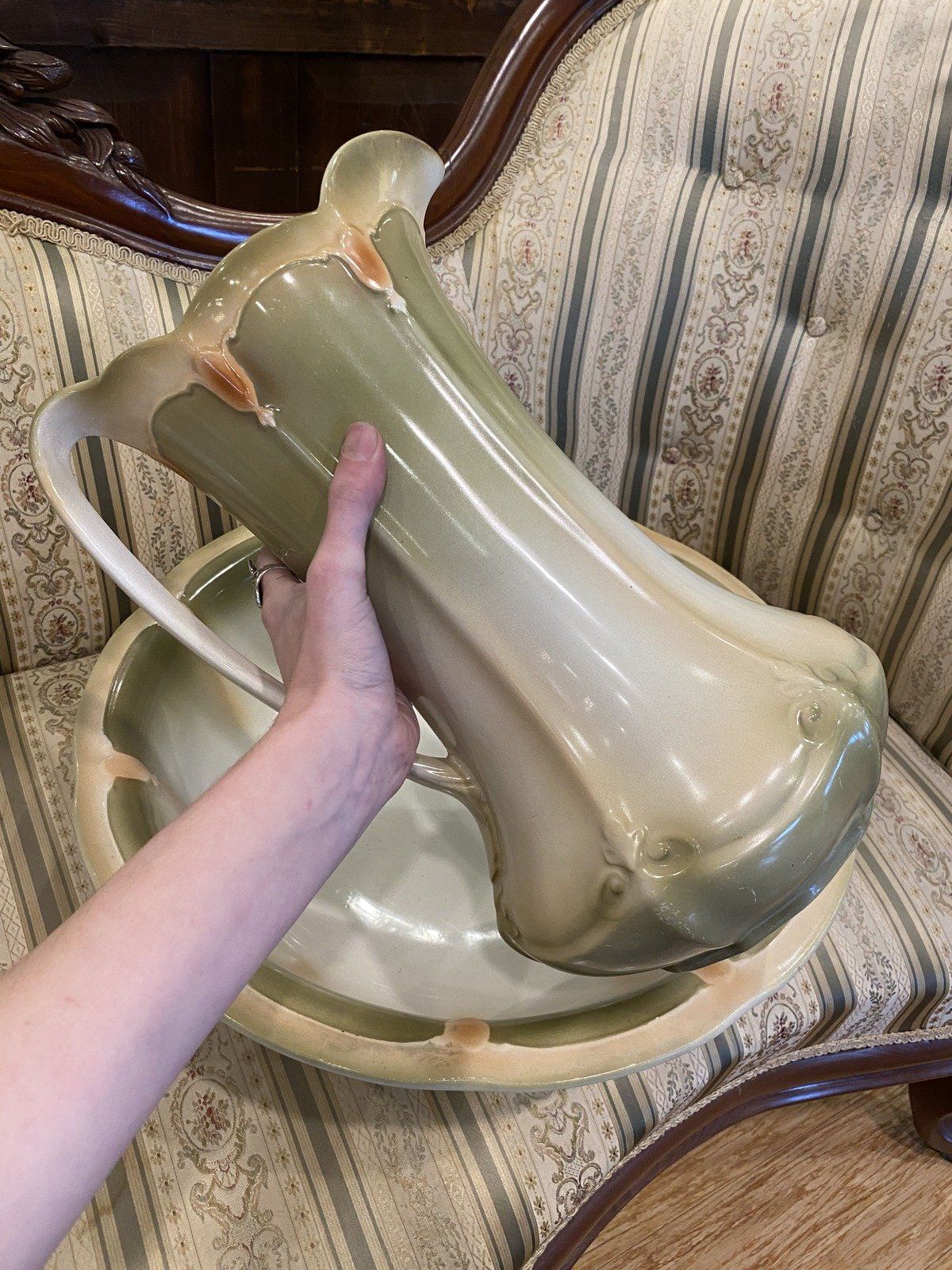 Antique 19th Century Victorian Art Nouveau Ceramic Wash Pitcher + Basin 8