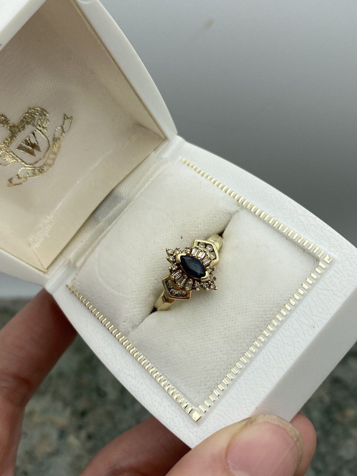 10k Natural Blue Sapphire Marquise + Diamond Ring 3