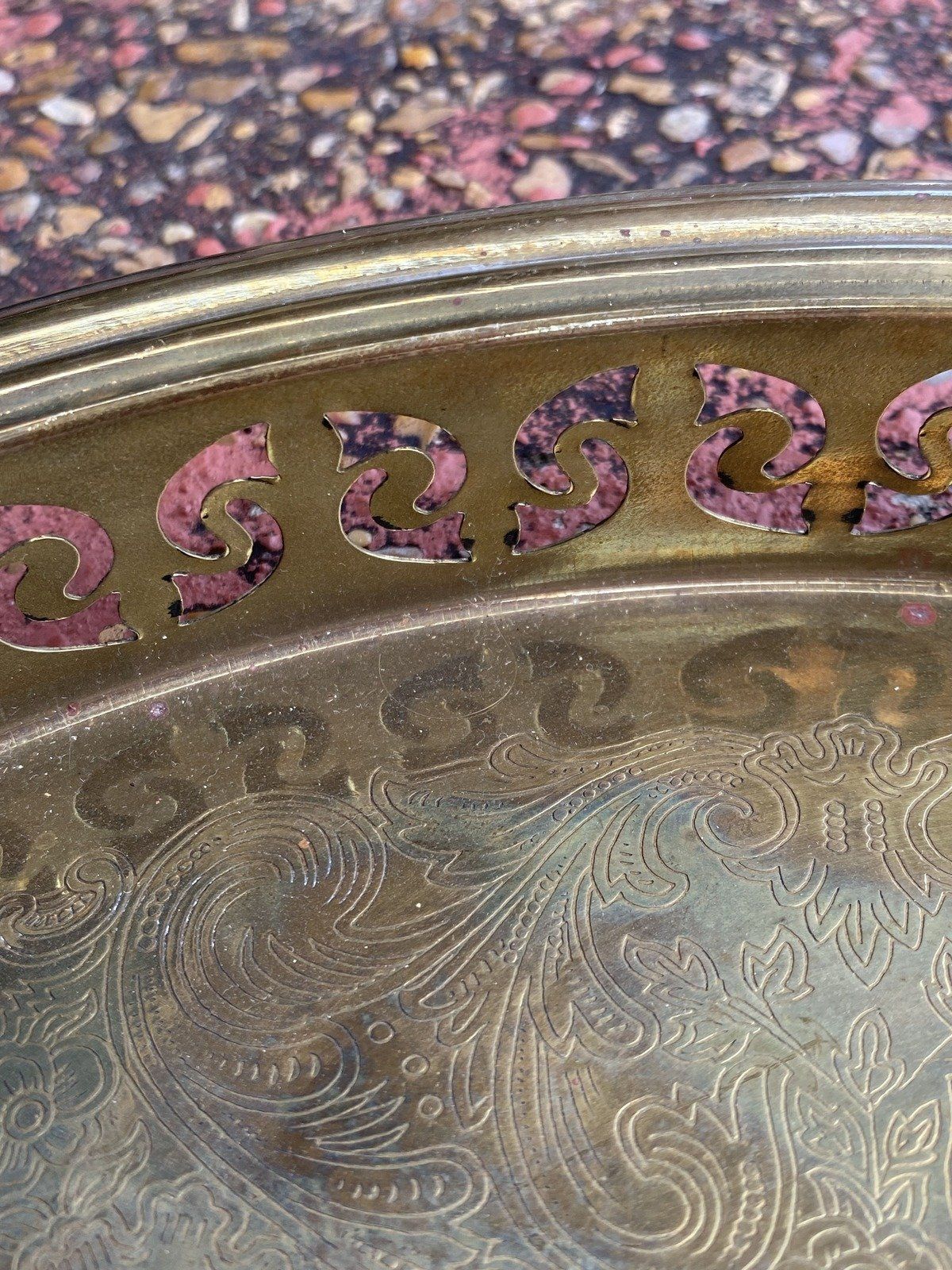 Circular Etched Brass Vintage Serving Tray w Reticulated Edge 7