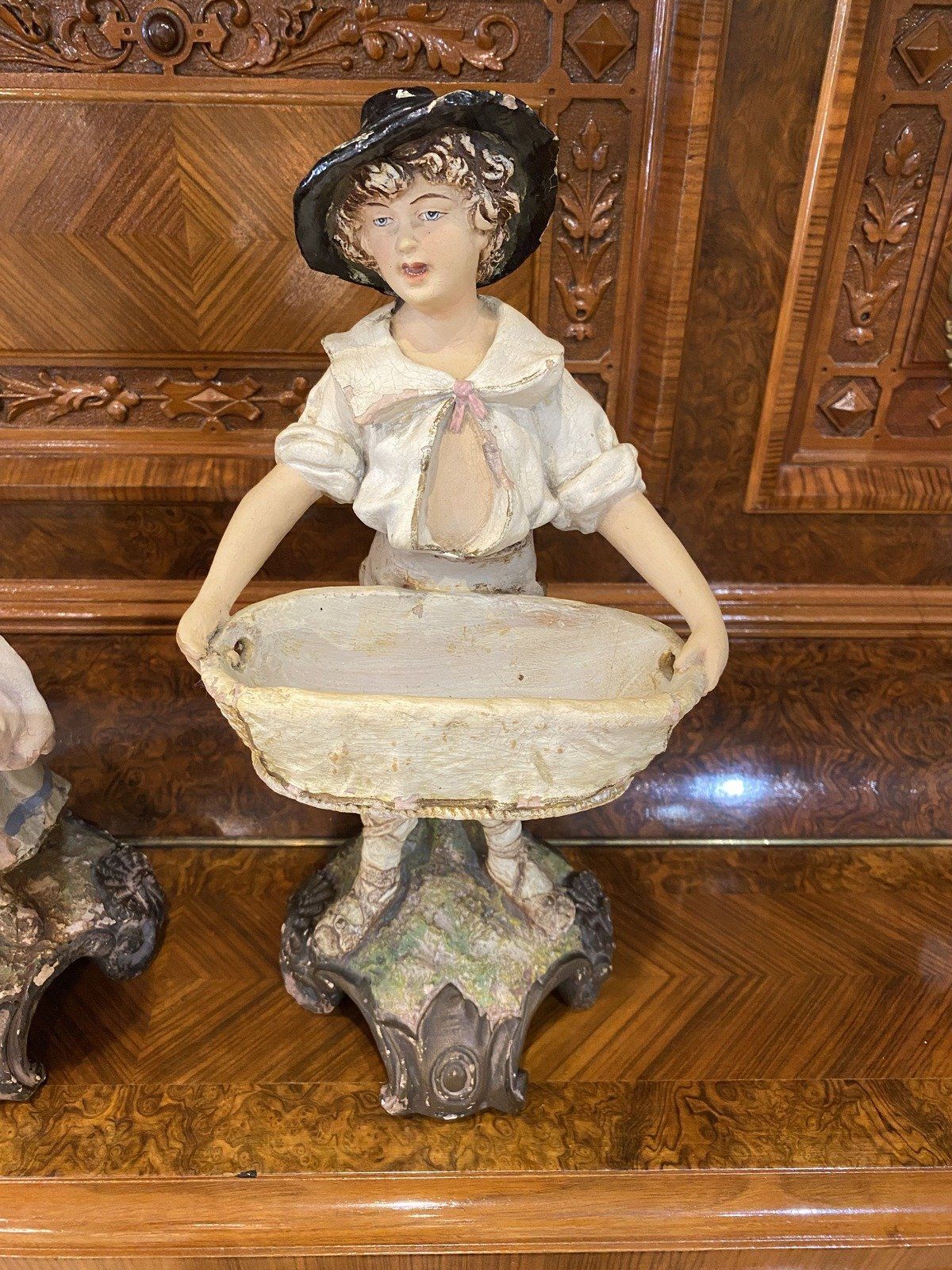 Antique 19th c. Figural Pair of Pottery Sculpture w Wash Bowl Basins 3