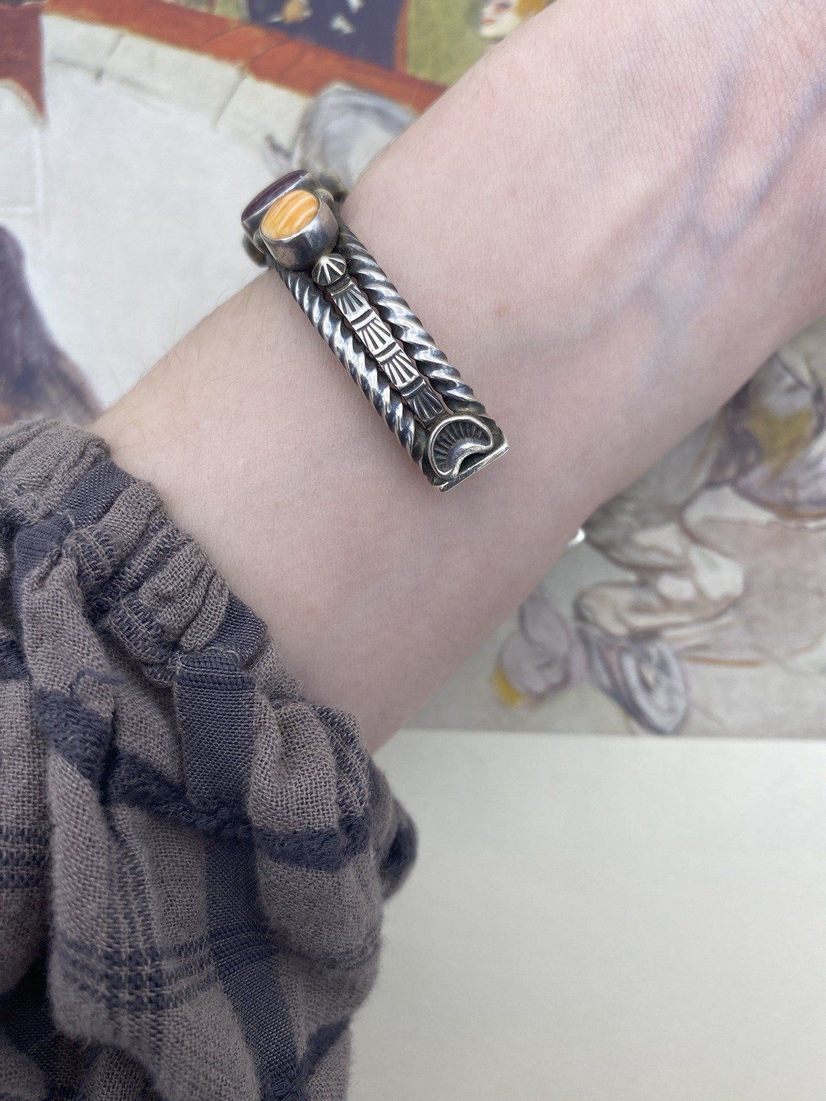 Signed Native American Arron Toadlena Sterling Silver Turquoise + Spiny Oyster Cuff Bracelet 3