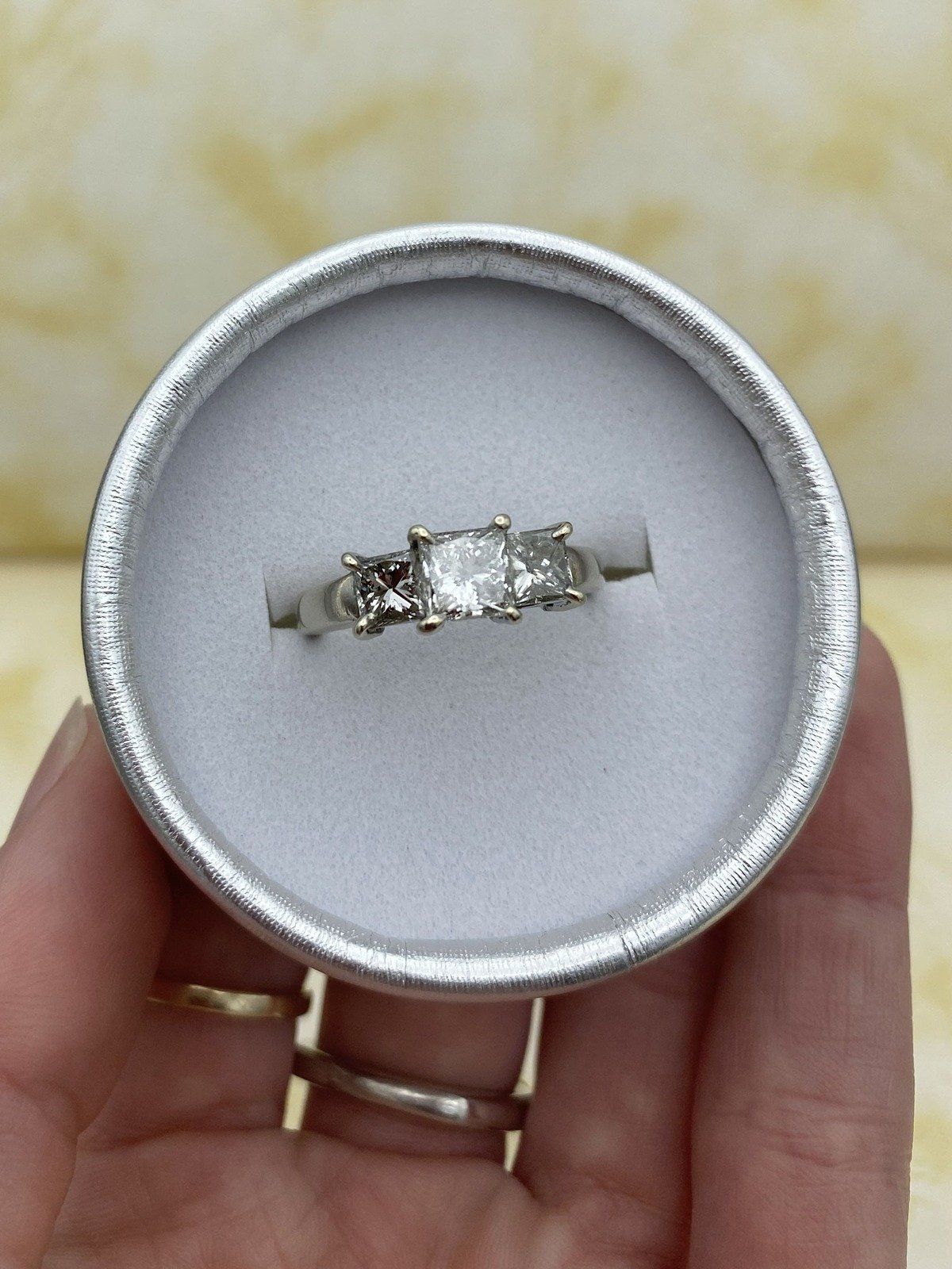 Weighty Vintage 14k White Gold 2.06ctw Princess Cut Diamond Squared Trio Engagement Ring 2