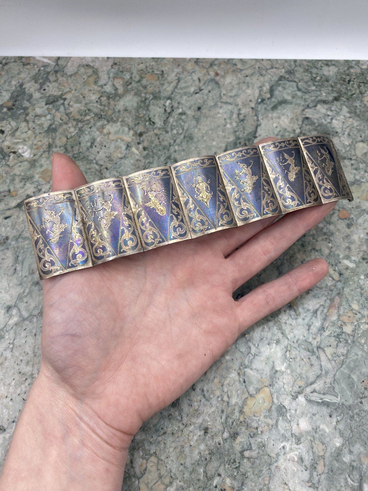 Vintage c.1940s/50s Siam Sterling Silver Book Link Figural Traditional Dancer Articulated Cuff Bracelet 6.5 11