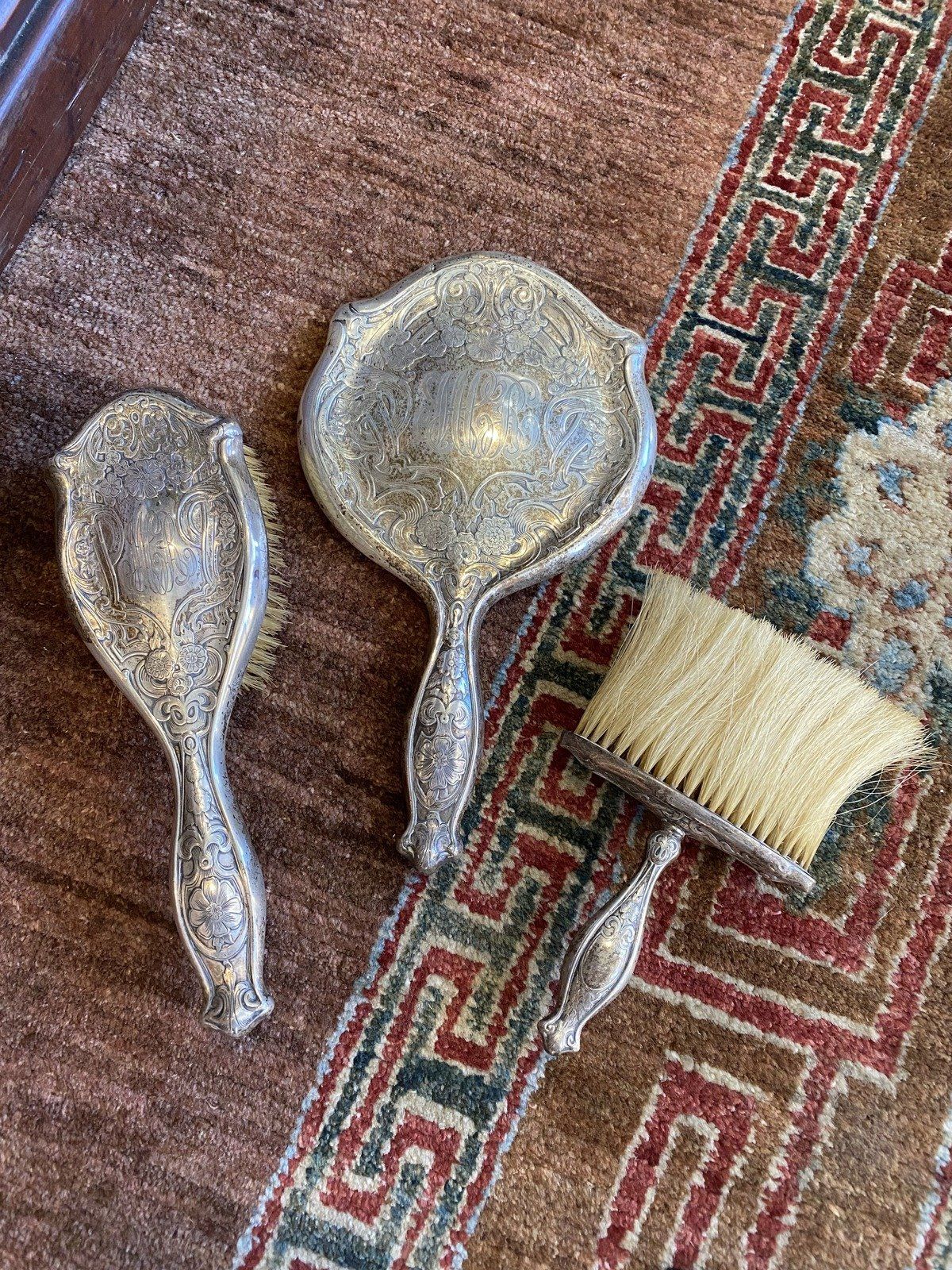 Antique Art Nouveau Sterling Silver 3pc Vanity Set 348