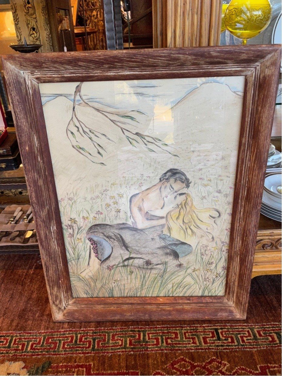 Signed c.1930s/40s Pastel + Ink Pastoral Romantic Drawing (28x22)