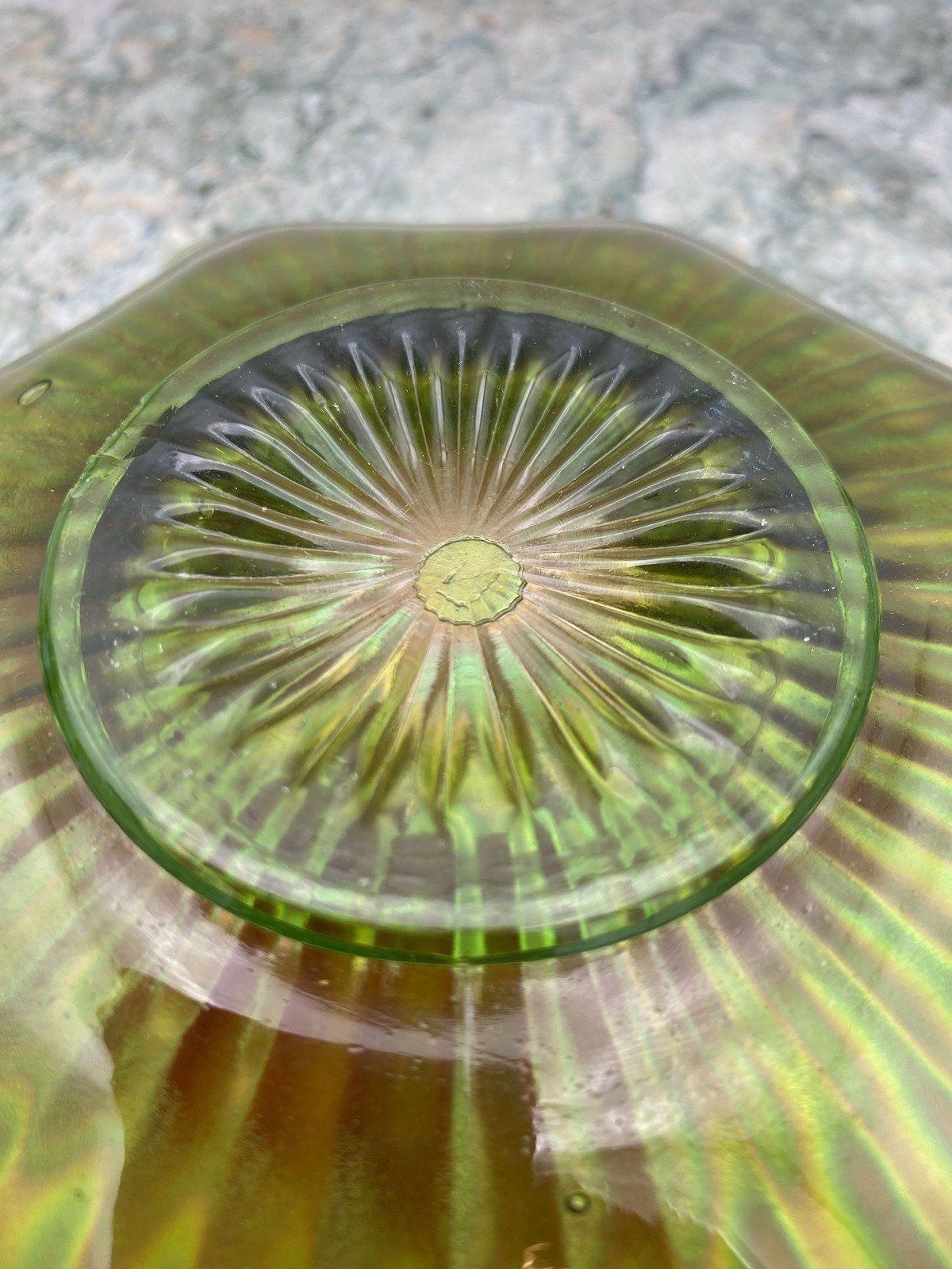 Fenton Carnival Glass Stripped Green Ruffle Dish 489 2