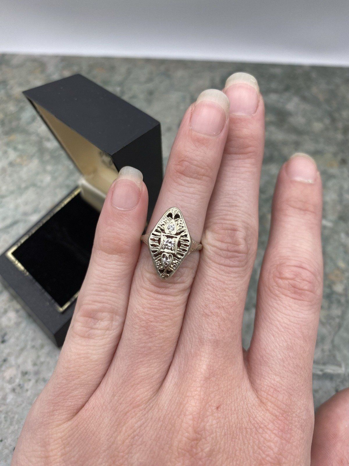 Antique 14k White Gold Filigree Diamond Navette Ring w Spade Design 3