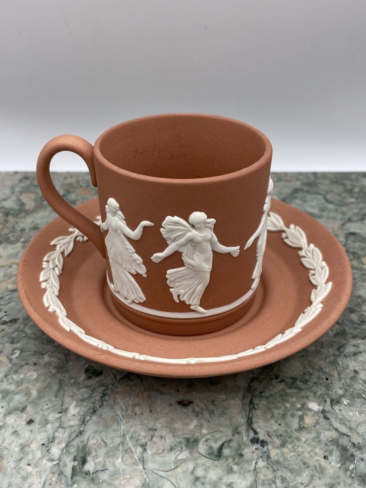 Collectible Terracotta Wedgewood Jasperware Demitasse Cup + Saucer