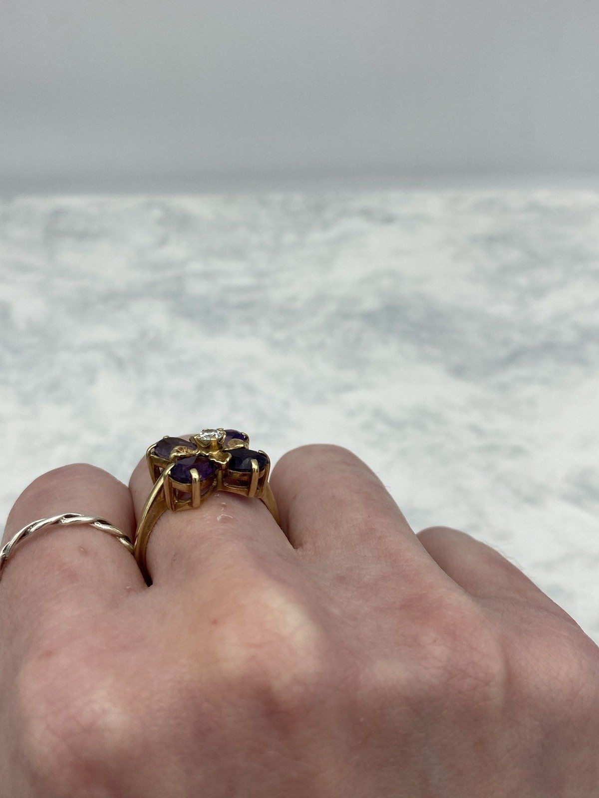Vintage c.1950s 10k Gold 4 Petal Amethyst + Diamond Clover Ring w Brushed Leaf Secondary Detail 12