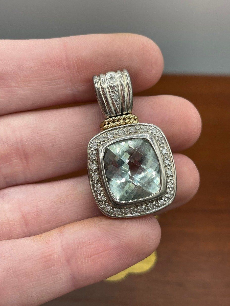 Thai Yurman *Style* Sterling Silver + 18k Aquamarine Drop Pendant w Diamond Details 2