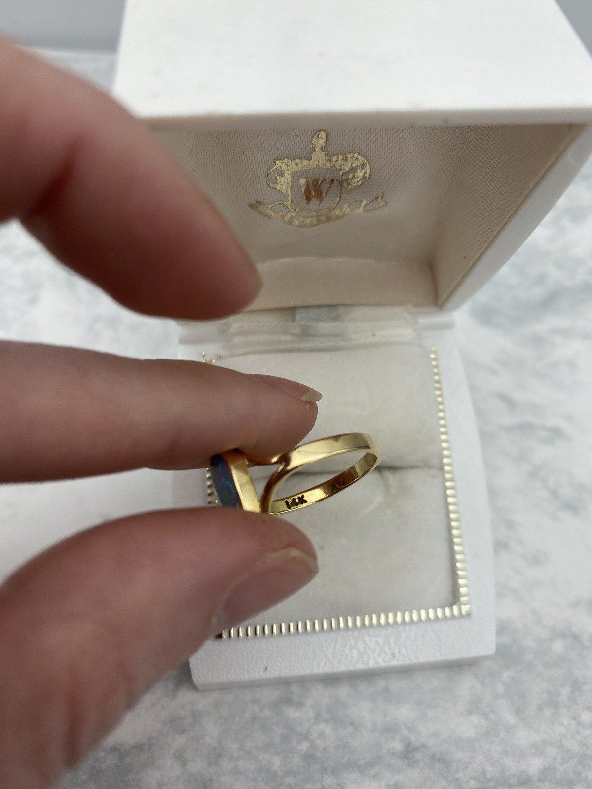 Lovely Narrow Pear 14k Gold Black Opal Ring w Lovely Fire + Split Shoulder Design 4