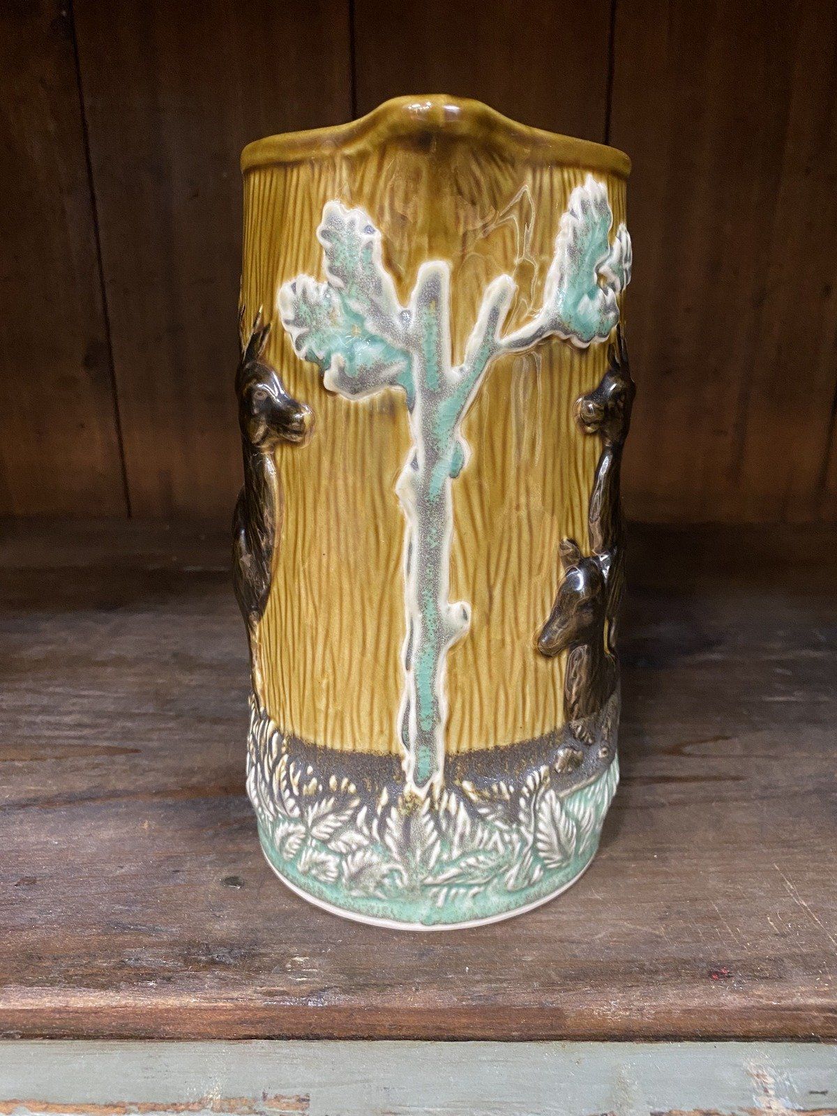 Antique Glazed Ceramic Hunter's Forest Majolica Pitcher 10