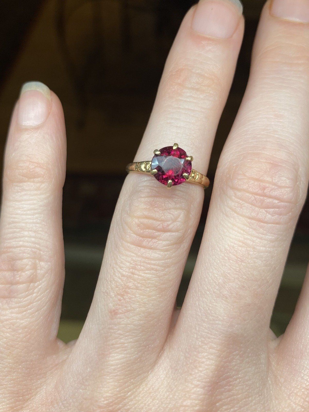 14k Gold Antique Late c.1800s Victorian Rubellite Tourmaline Solitaire Ring w Faint Orange Blossom Shoulders 6