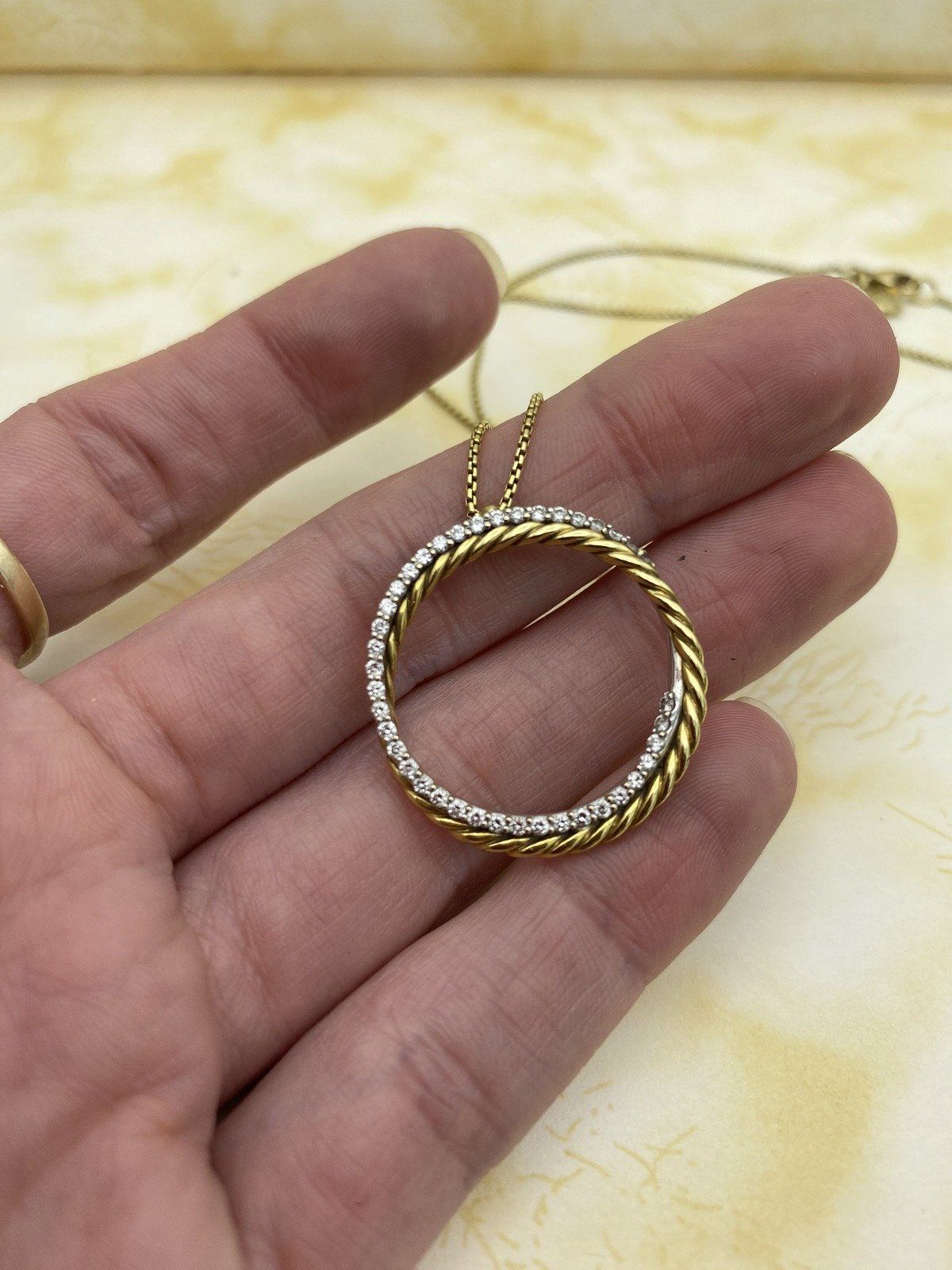 David Yurman 18k Solid Gold Cable Twist + Pave Diamond Interlocking Ringed 17L Necklace 5