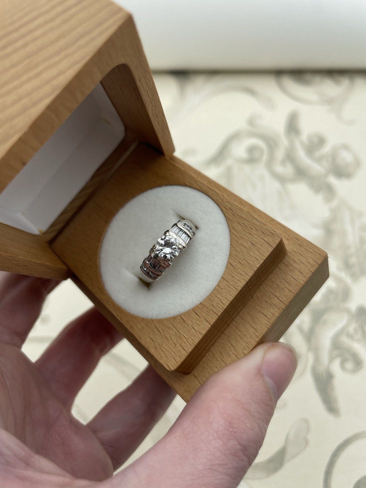 14k White Gold .85ct Center Solitaire Diamond Engagement Ring w Baguette + Round Diamond Shoulders 2