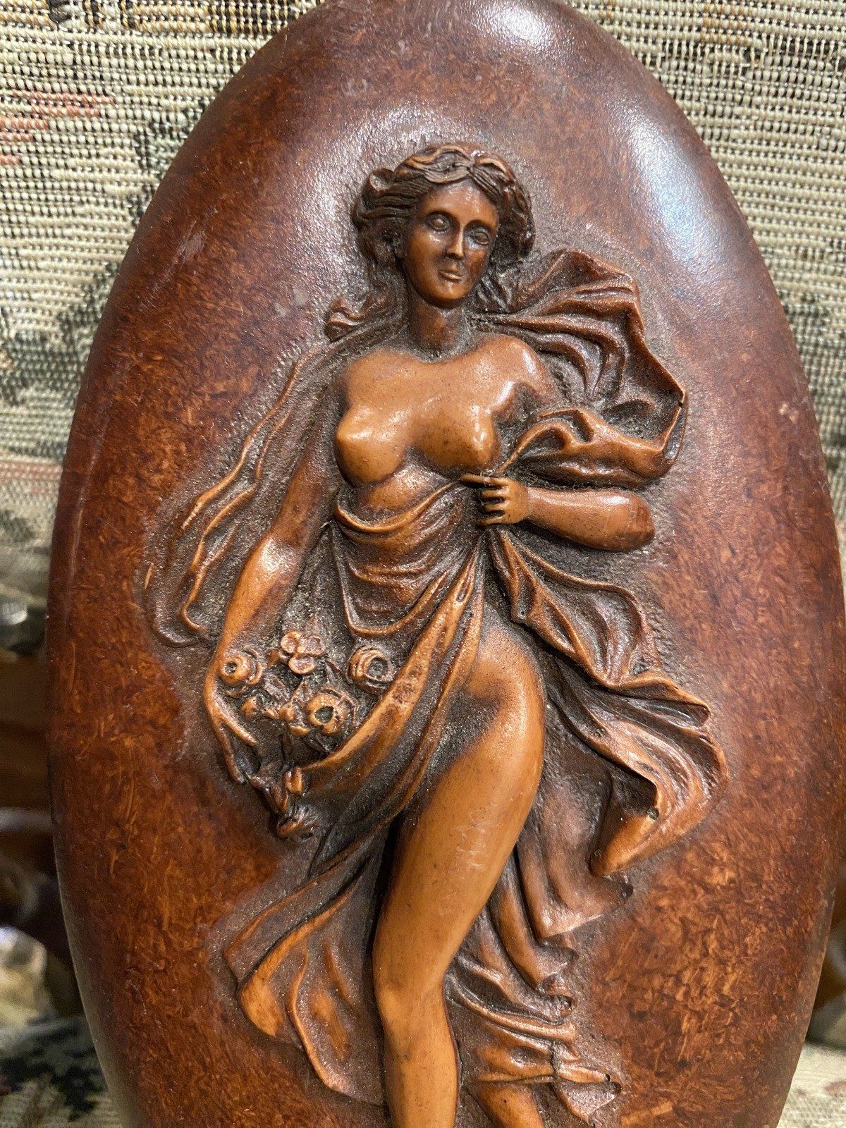 Vintage Art Nouveau Style Lacquer Lady Oval w Stick Mount Posterior 4