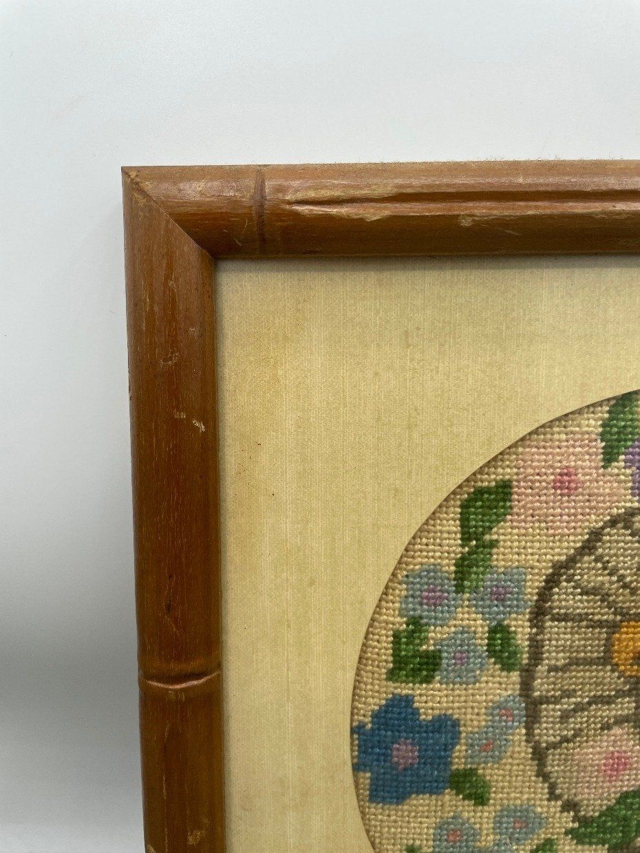 Bamboo Node Framed Needlework of Lion + Flowers 9X9 3
