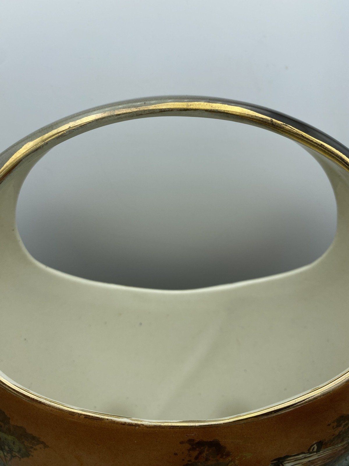 Circular Hand Painted Portuguese Porcelain Landscape Footed Vase - Signed 3