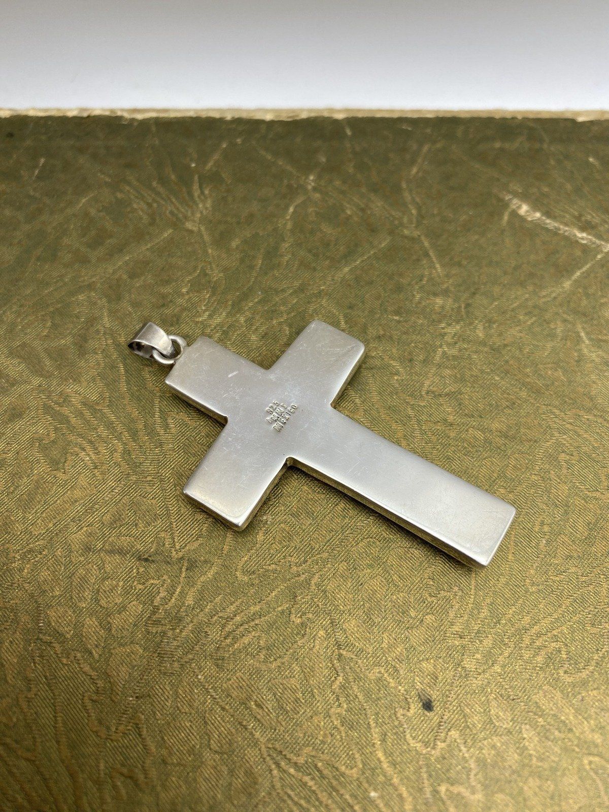 Large Sterling Silver Mexico Natural Gemstone Inlaid Sleek Cross Pendant 6
