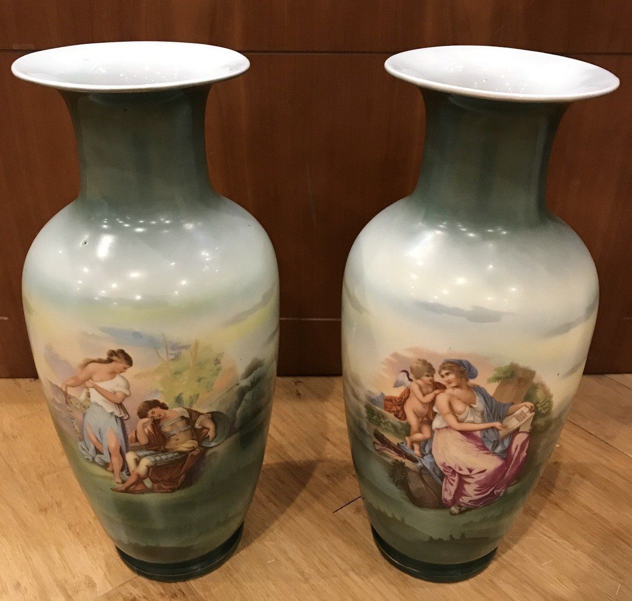 Pair of Large Green Pastoral Old Paris Vases w Women Cupid and Courting Scene 2