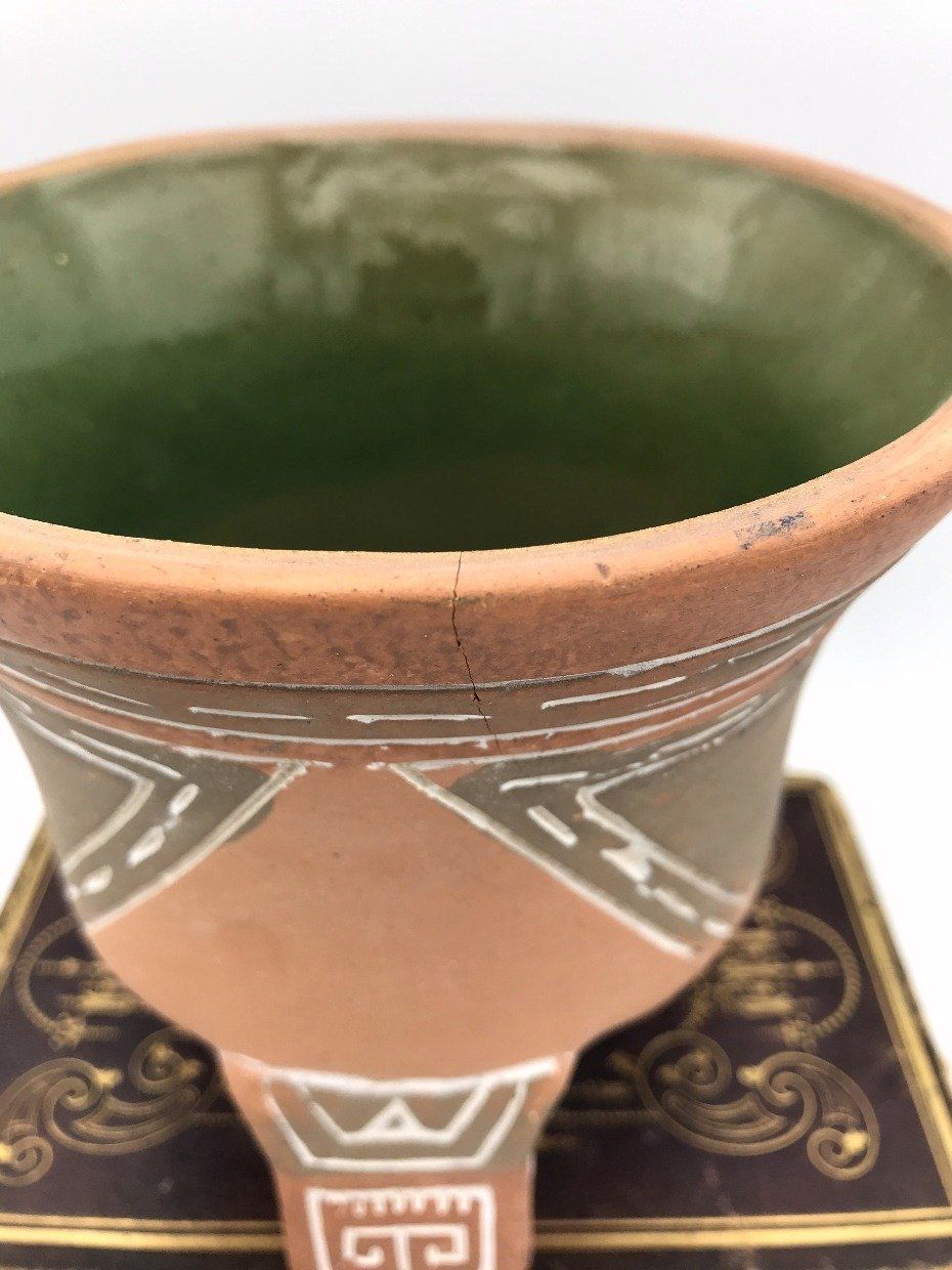 Footed Terra Cotta Pot w Green Glaze Interior 4