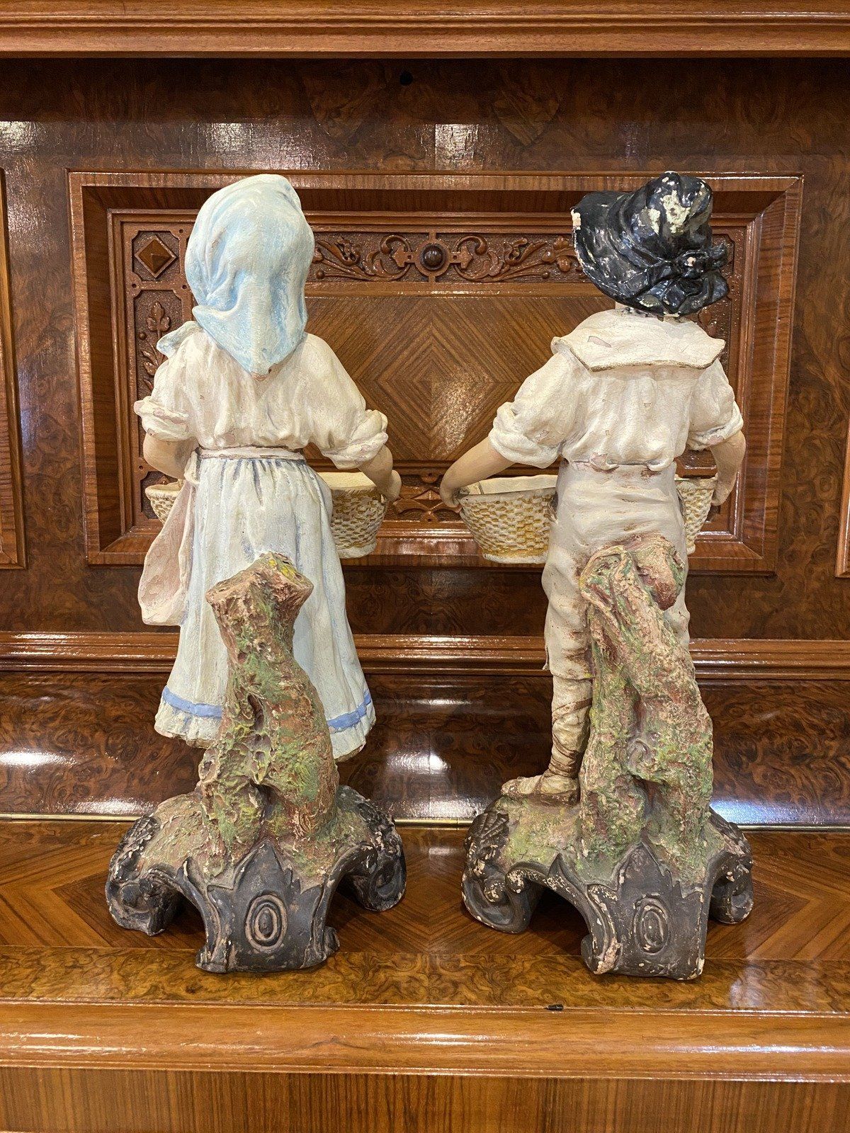 Antique 19th c. Figural Pair of Pottery Sculpture w Wash Bowl Basins 4