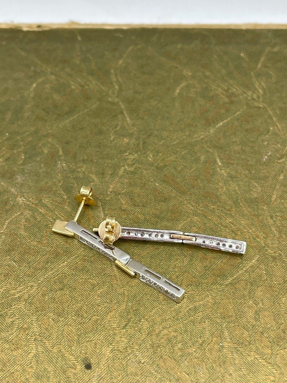 Modern 14k Dual Gold Channel + Pave Set Diamond Rod Drop Earrings 3