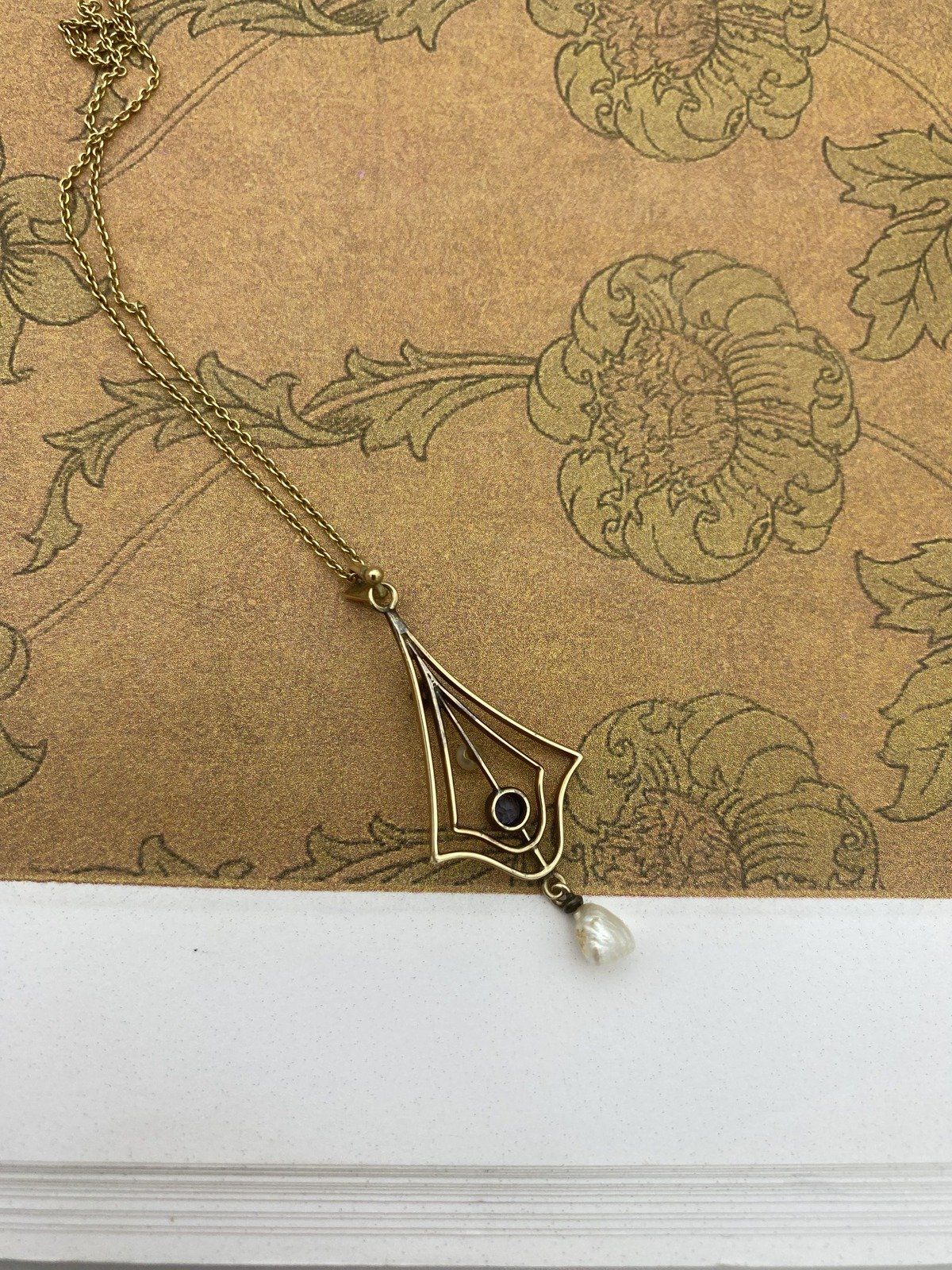 Antique Edwardian 14k Dainty Lavalier Sapphire + Diamond Pearl Drop Necklace 2