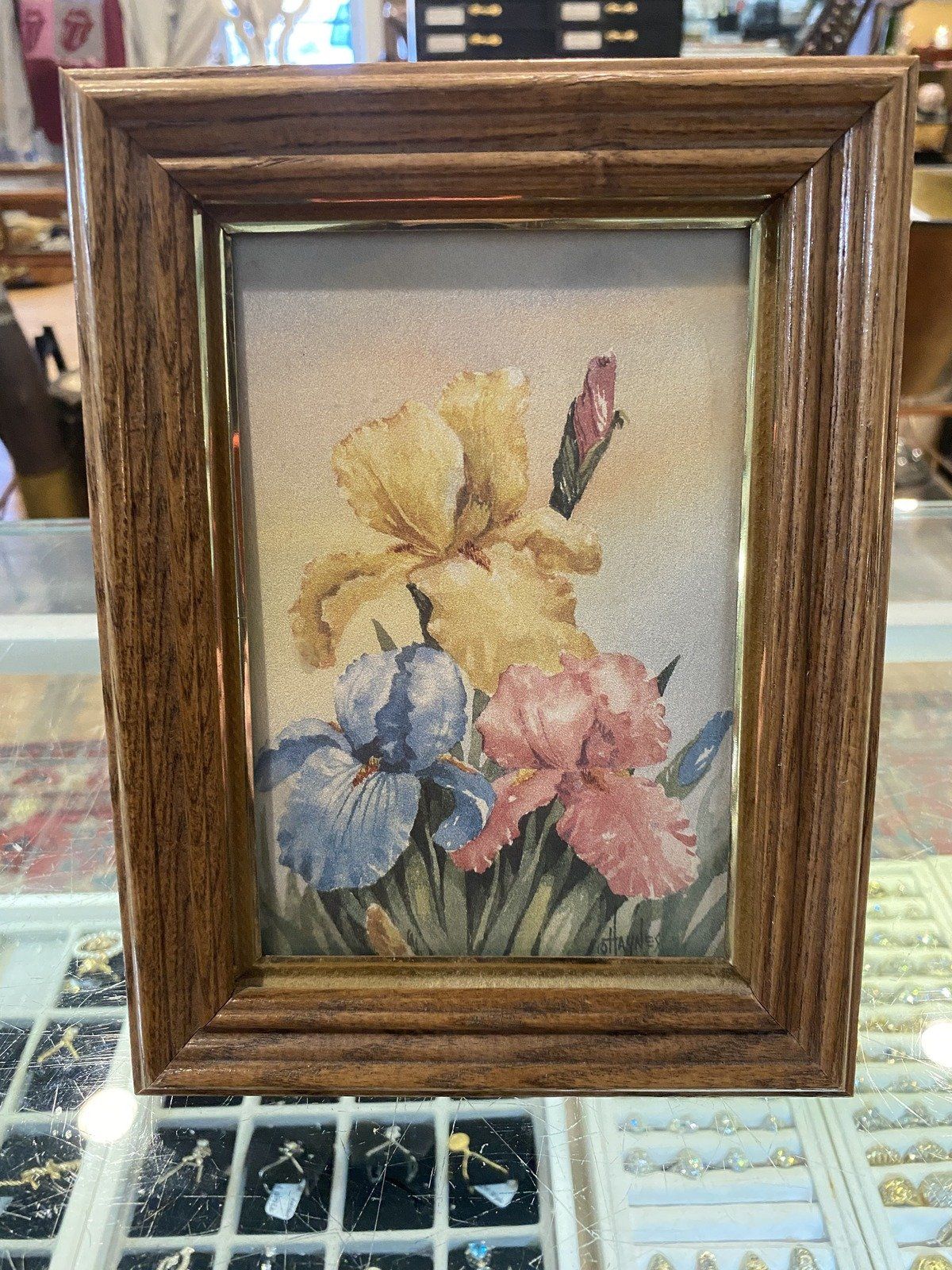 Wooden Table Top Photo Frame w Gold Interior Edge + Museum Glass