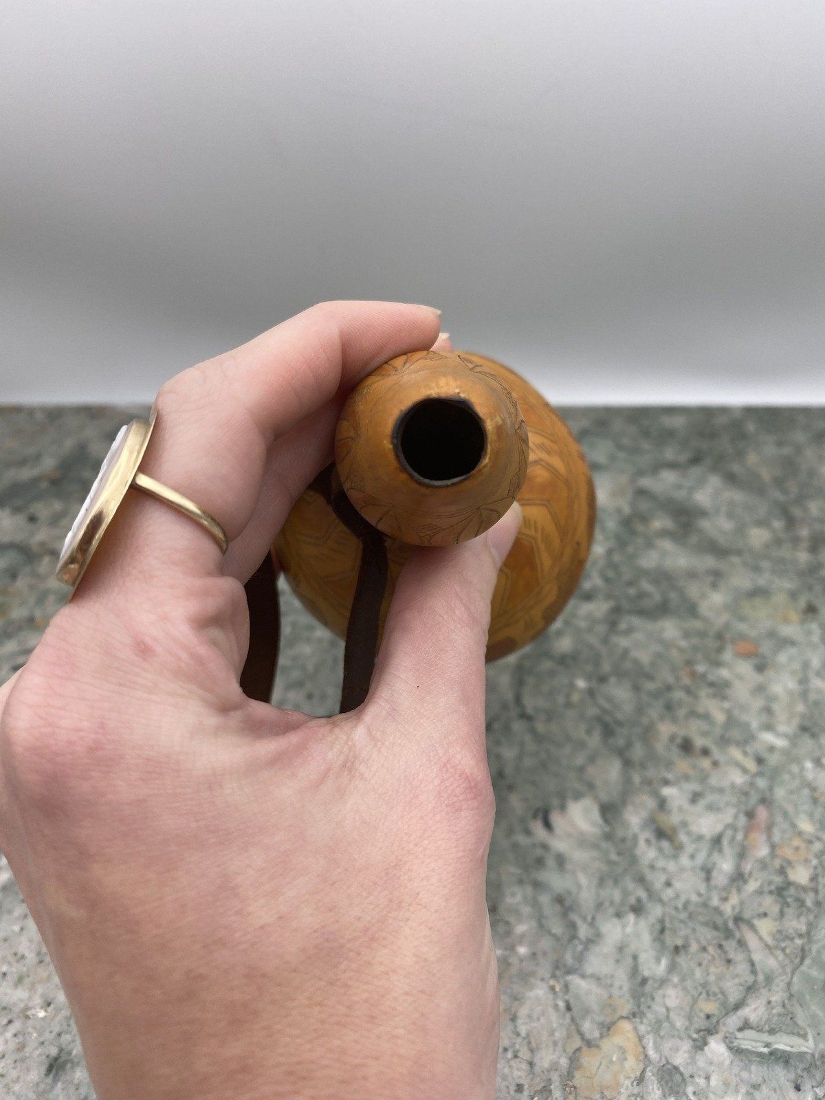 African Decorative Gourd Vessel w Leather Strap 4