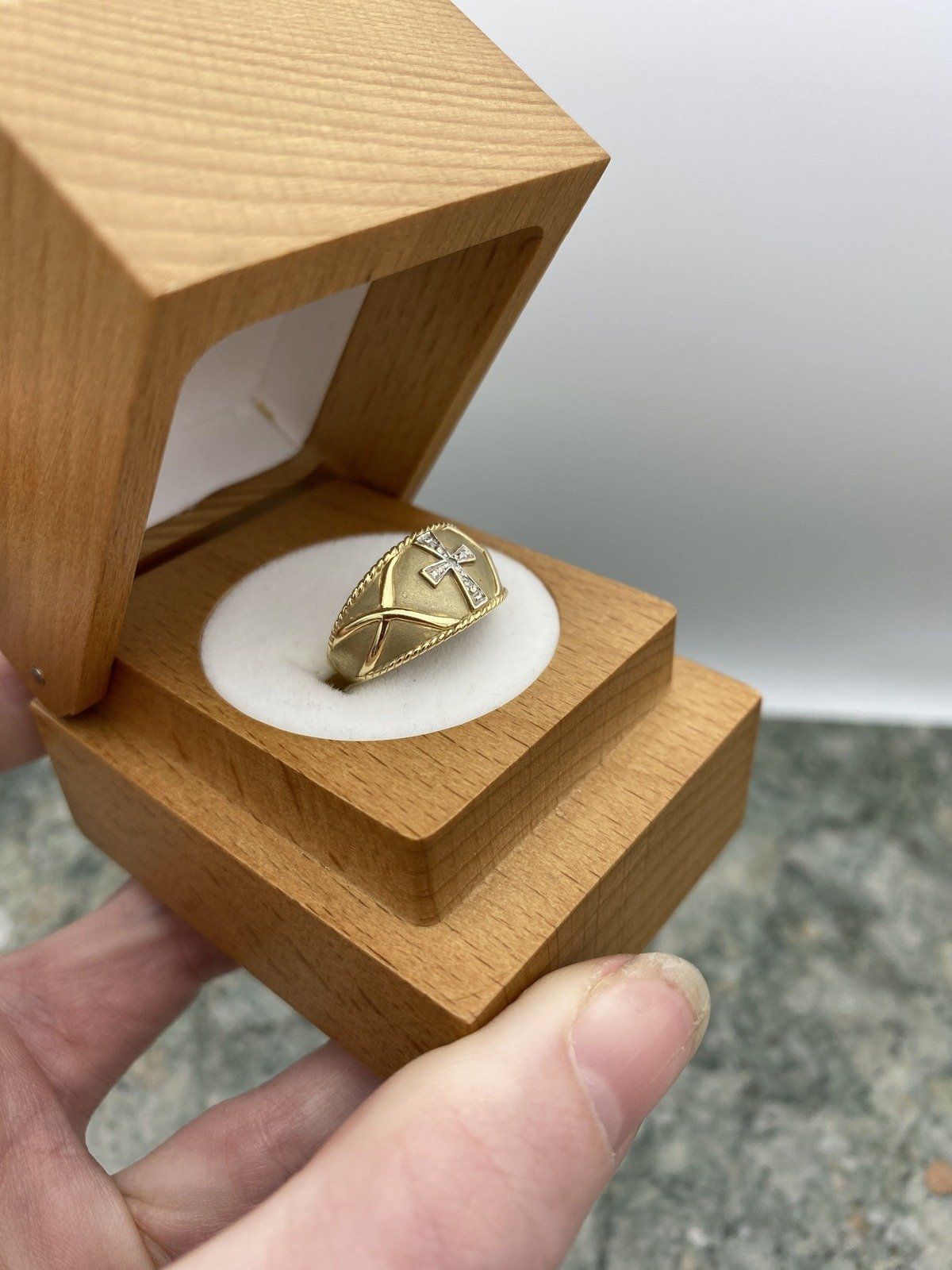 14k Brushed Gold Bombe Cuff Ring w Diamond Cross Center + Wire Cable Framing and Details 3