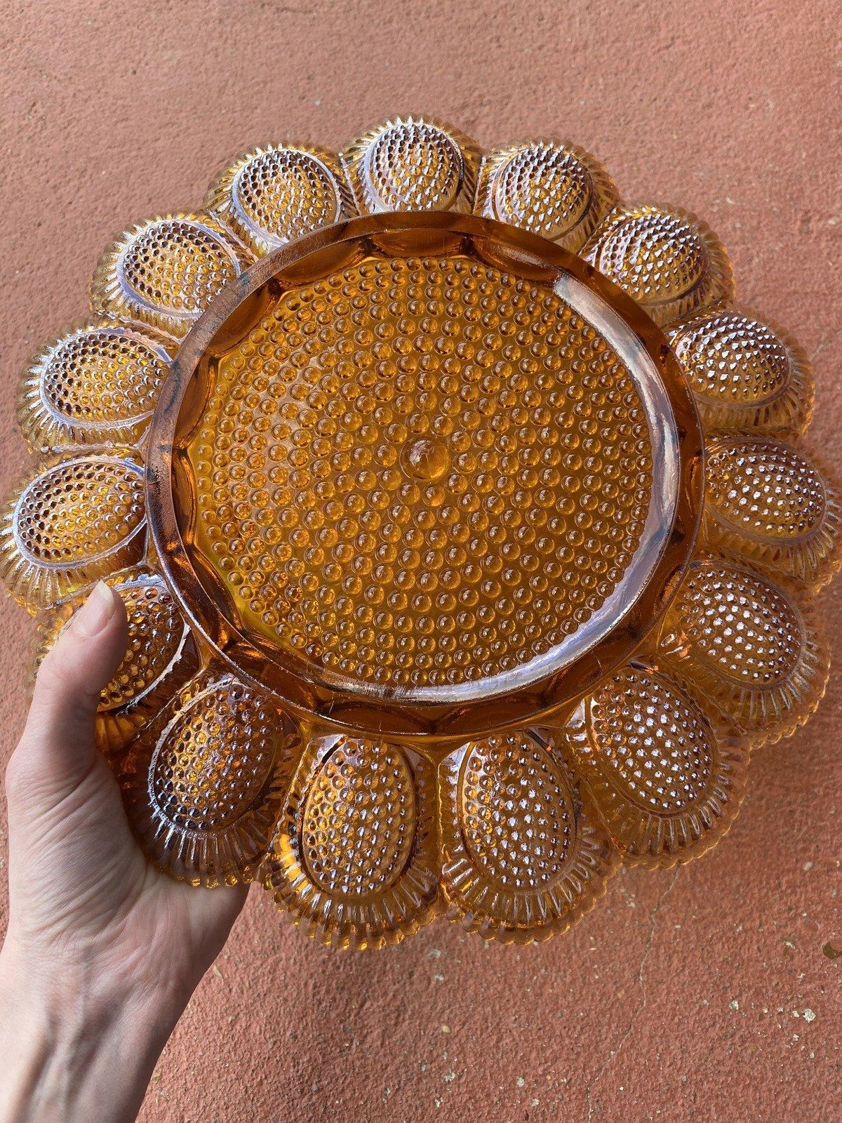 Marigold Vintage Carnival Glass Deviled Egg Scalloped + Hobnail Platter 12