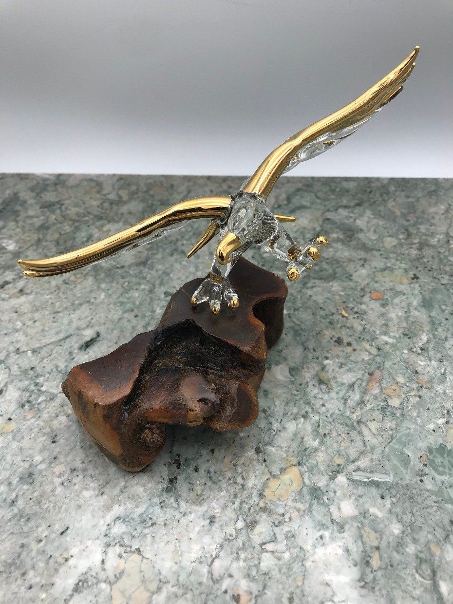 Glass Blown Eagle w Gilt + Small Wood Mound Base 2