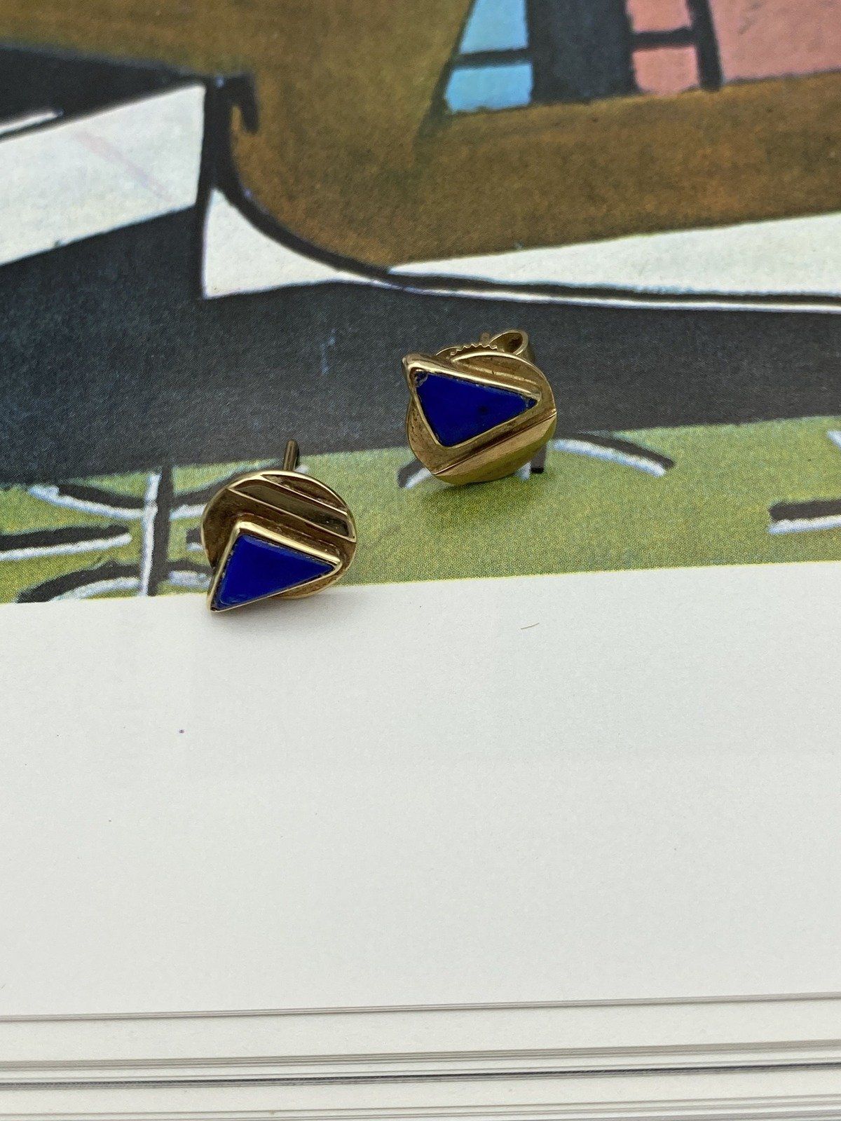 CUTE 14k Gold Modernist Lapis Inlay Geometric Stud Earrings #3075 3