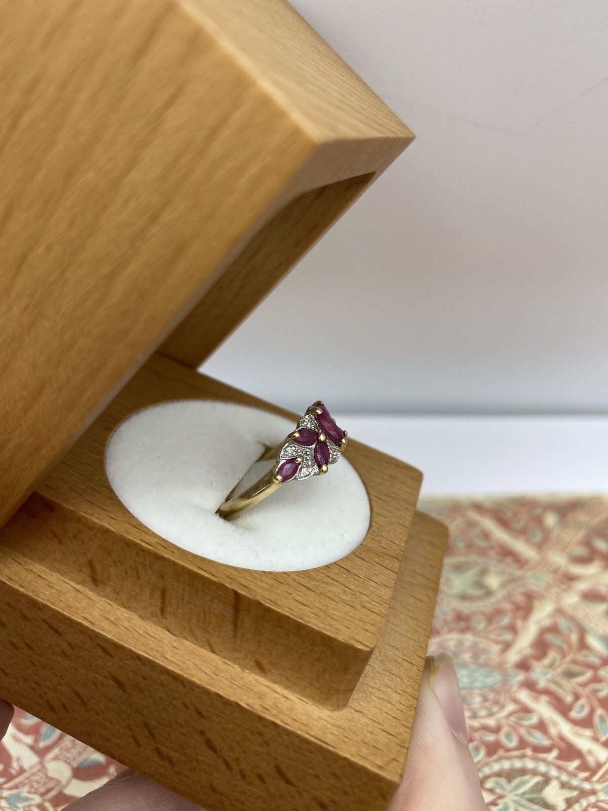 10k Gold Marquise Cut Natural Ruby Almonde Ring w Butterfly Arranged Gems 4