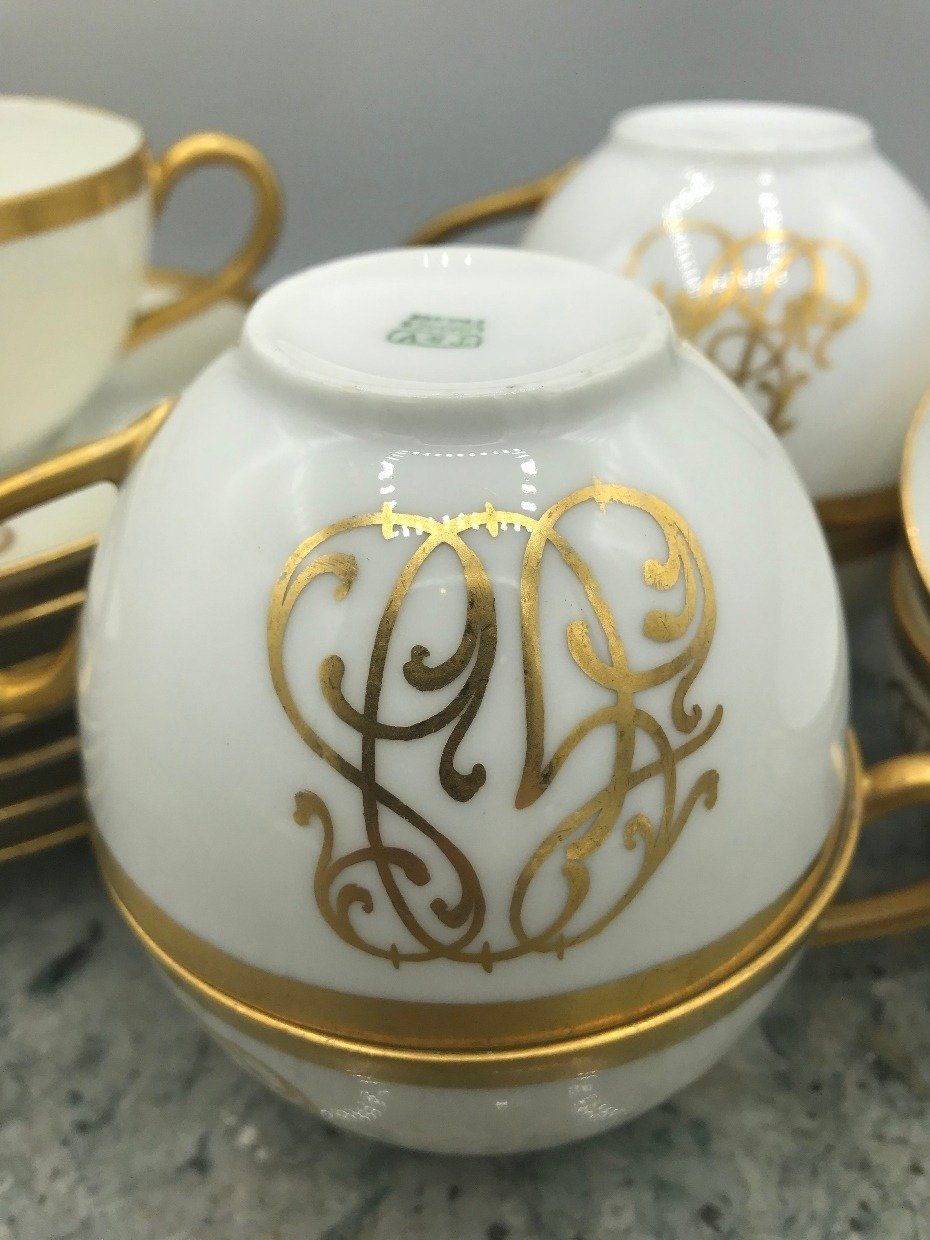 Regal Atq. Limoges Bone + Gold Rim Teacup & Saucer *SET* w Gold English Scripted Monogram 4