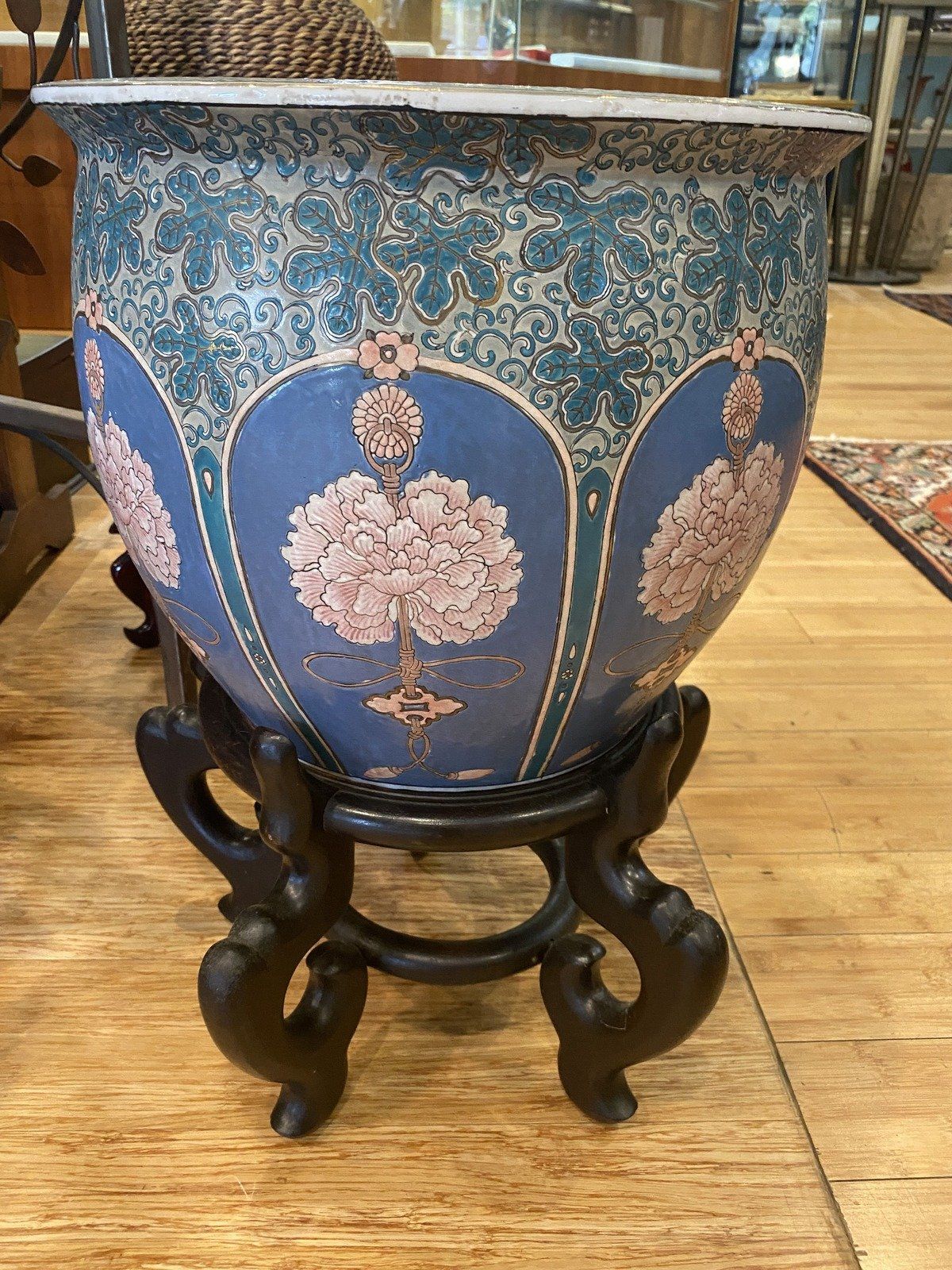 Lovely Blue Koi Interior Porcelain Fish Bowl Planter w Stand