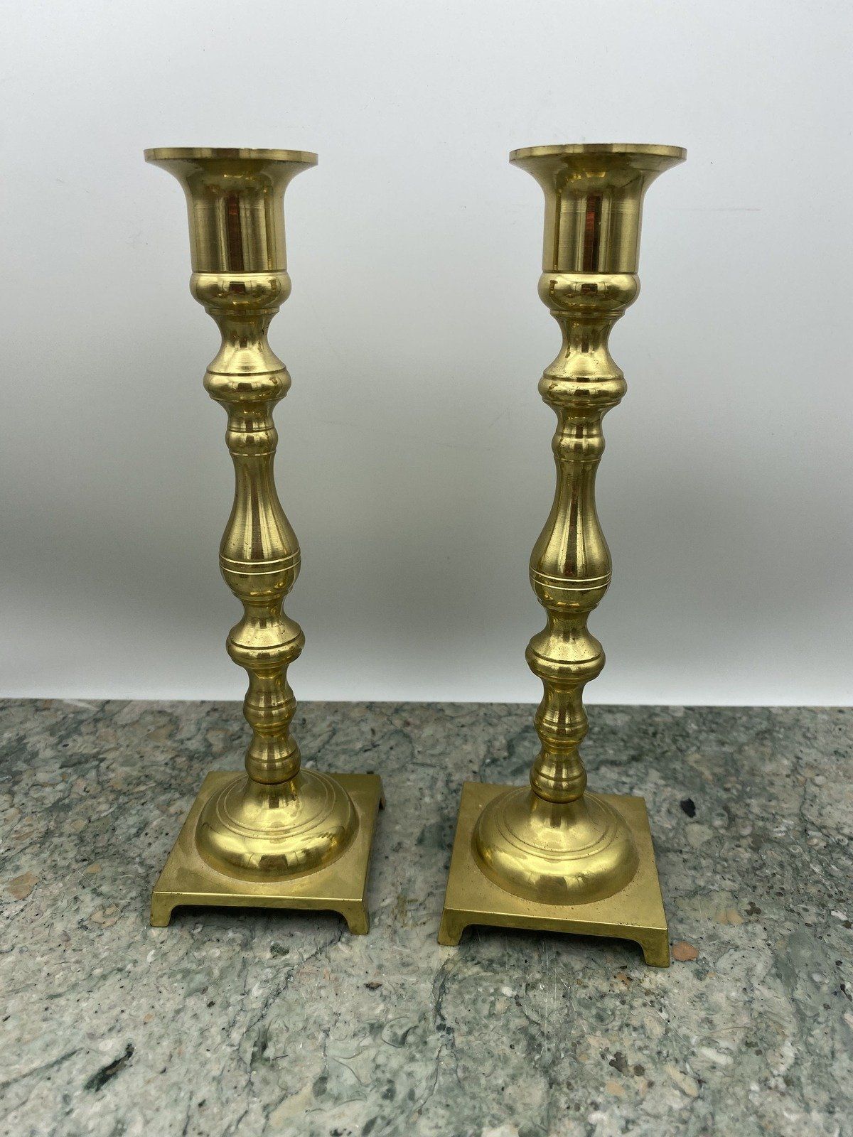 Pair of Shiny Clean Brass Candle Stick Holders w Square Base