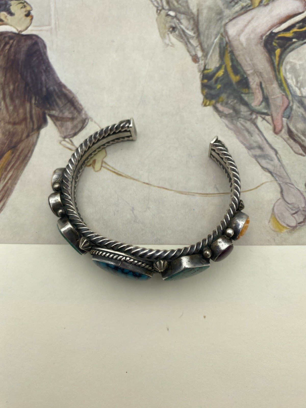 Signed Native American Arron Toadlena Sterling Silver Turquoise + Spiny Oyster Cuff Bracelet 7
