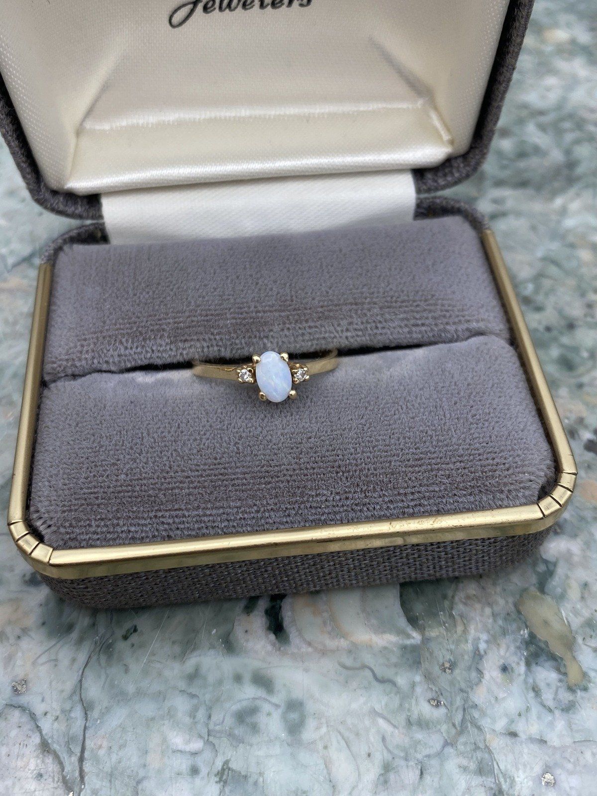 Minimalistic 10k Gold Oval Opal Diamond Flanked Ring 2