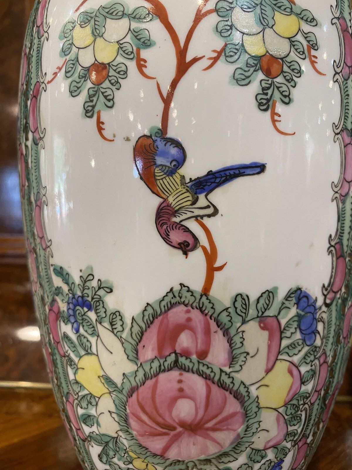 Pair of Vintage Rose Famille Oriental Vases 13h 5