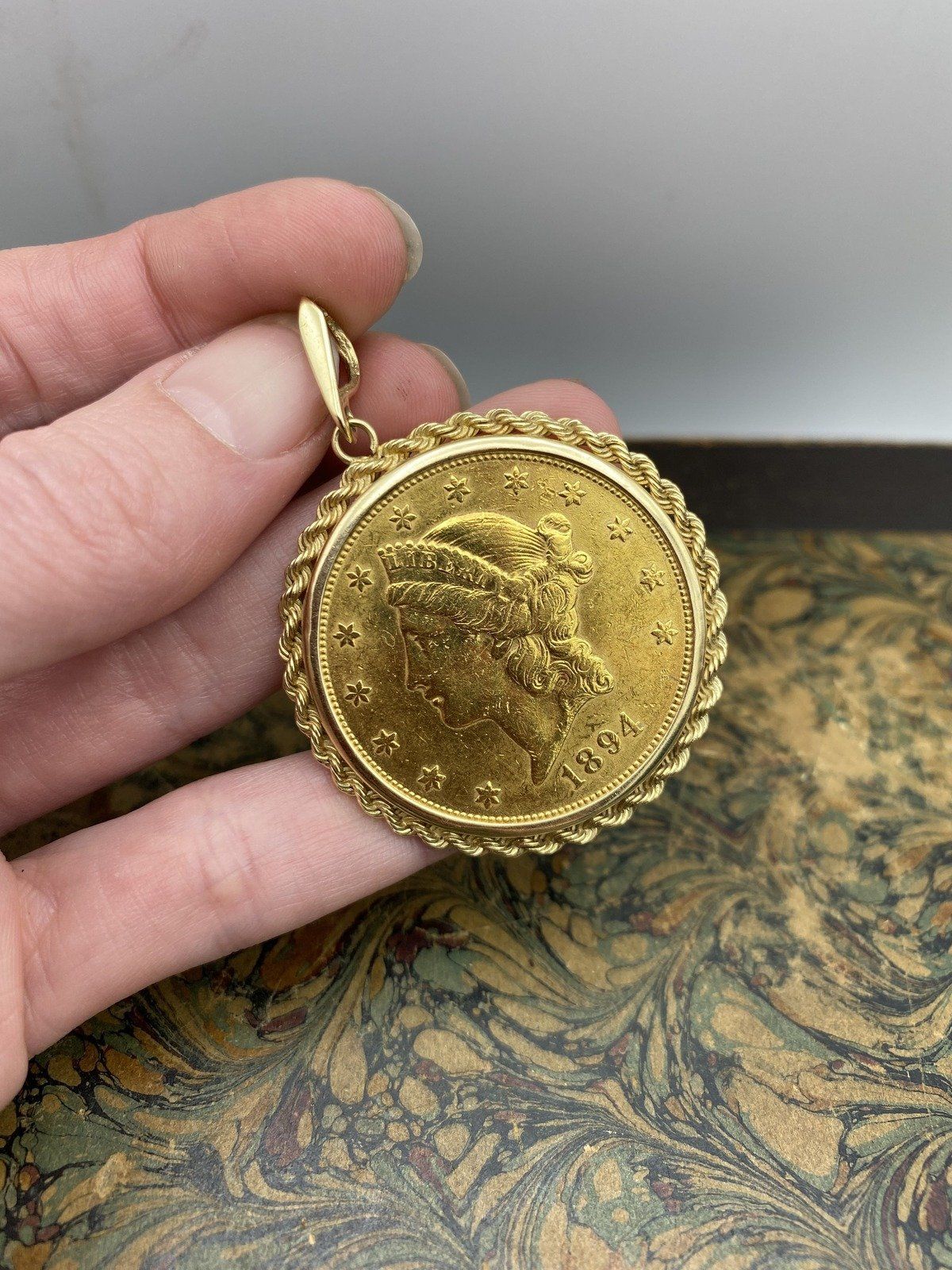 1894 $20 Liberty Head Gold Coin Pendant in 14K Rope Bezel 5
