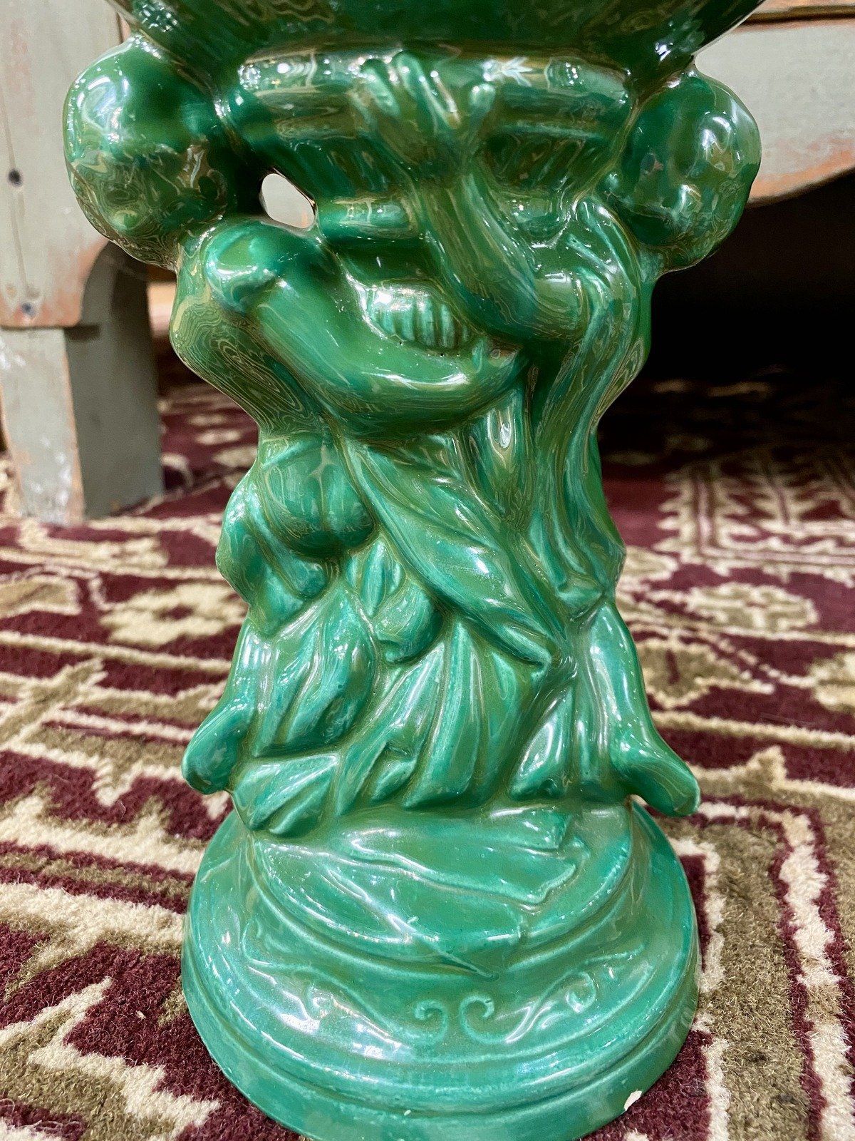 Vintage Signed VERNA GALLOWAY Twin Cherub Lotus Green Ceramic Pedestal Dish 6
